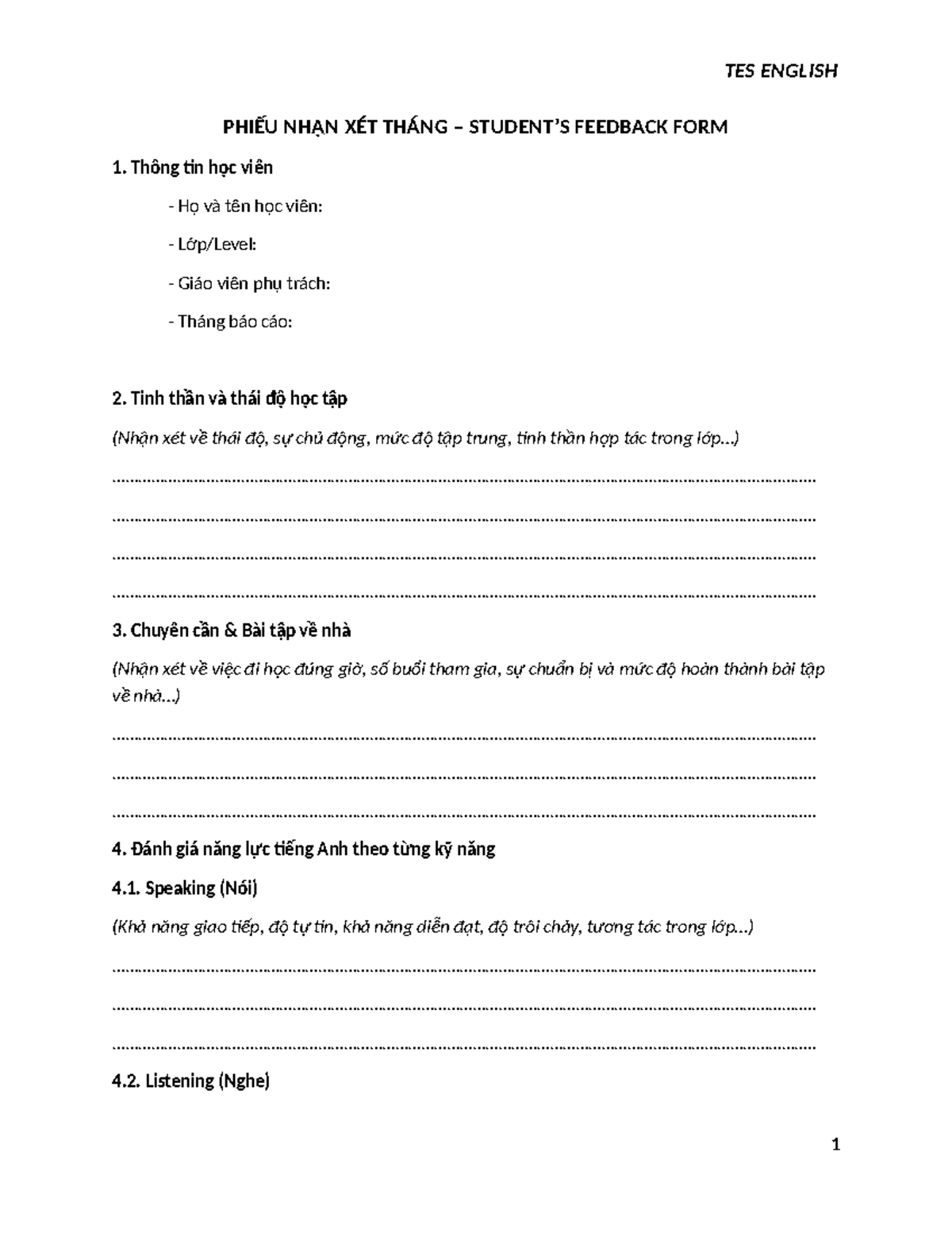 TES ENGLISH FEEDBACK FORM - STUDENT EVALUATION REPORT - Studocu