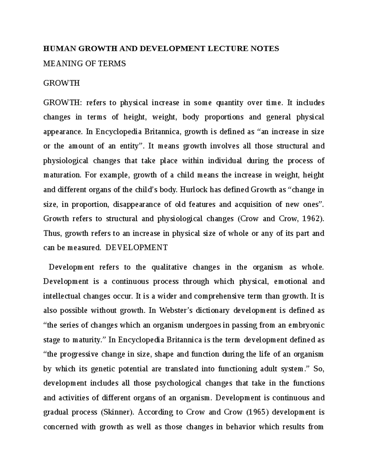 HUMAN GROWTH AND DEVELOPMENT LECTURE NOTES: KEY CONCEPTS AND THEORIES ...