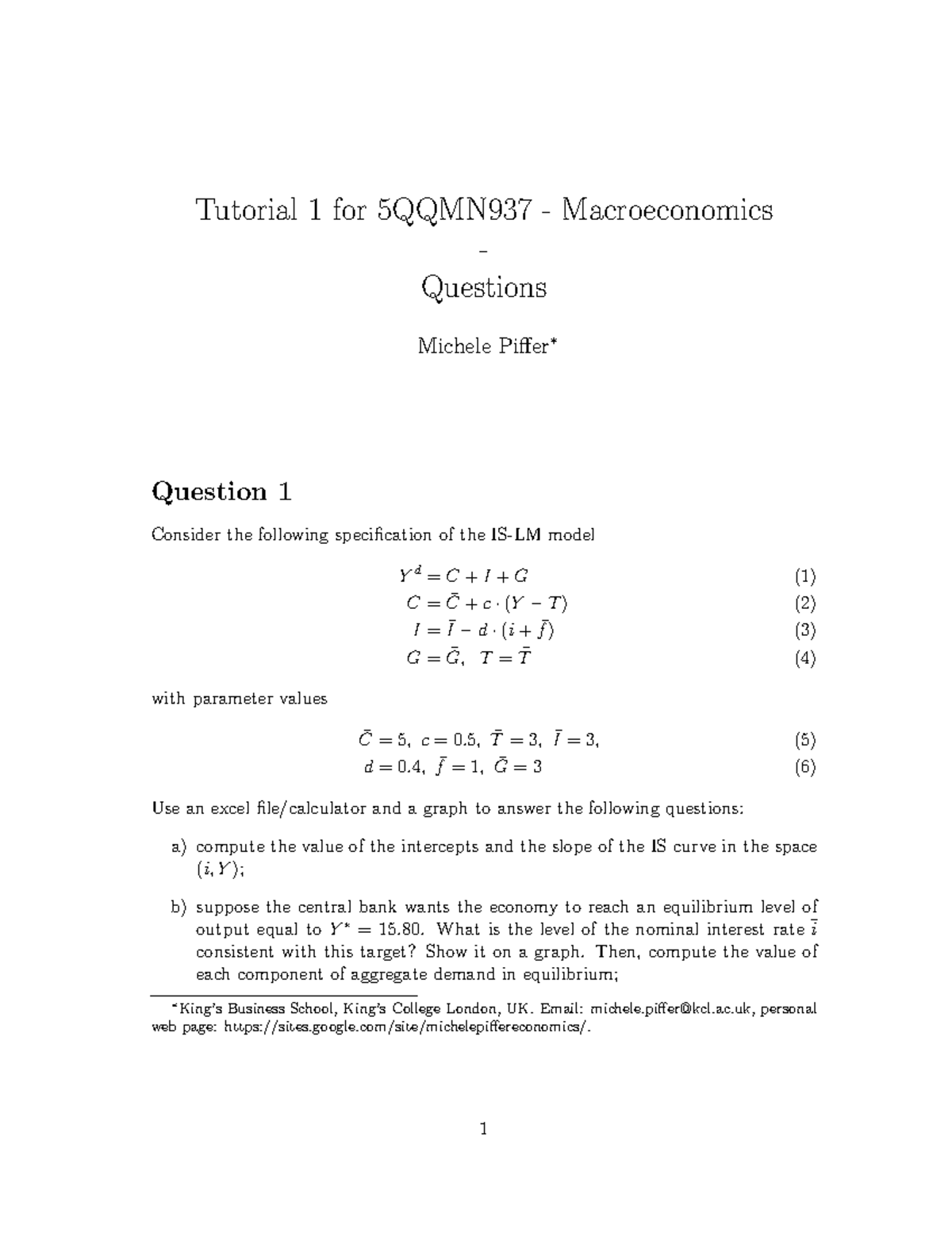 Tutorial 1 for 5QQMN937 Macroeconomics: IS Curve Analysis and Fiscal ...