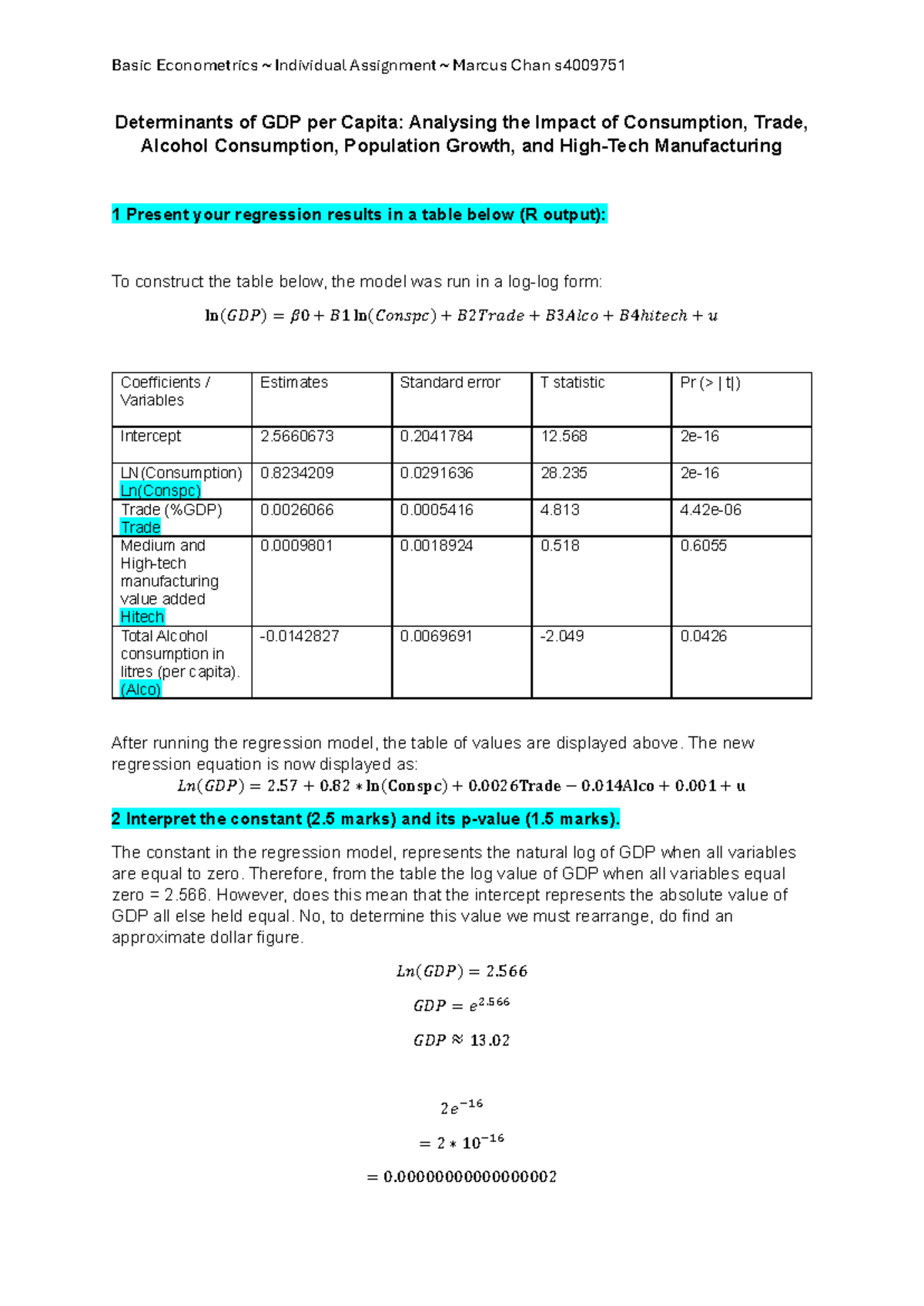 Assignment 1 Individual Report on Basic Econometrics: GDP Analysis ...