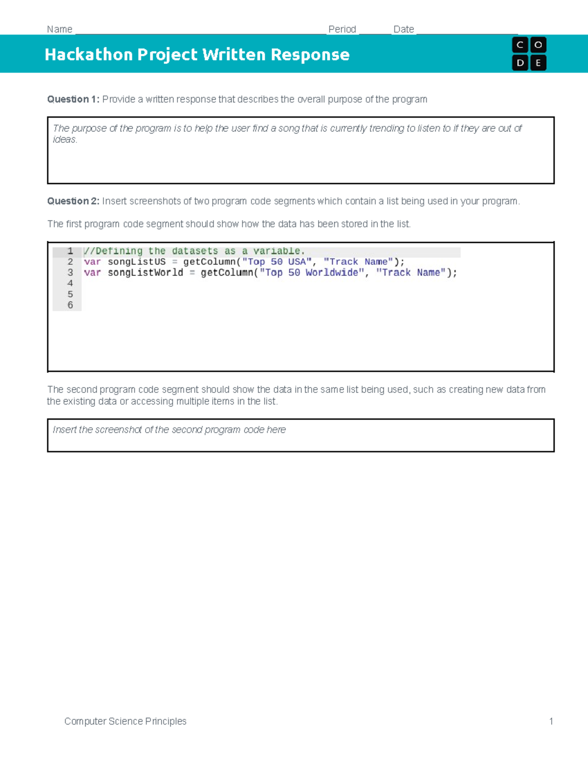 Ap Csp Create Task Written Response Examples Copy of CSP Unit 6 Hackathon Project Written Response - Name - Studocu