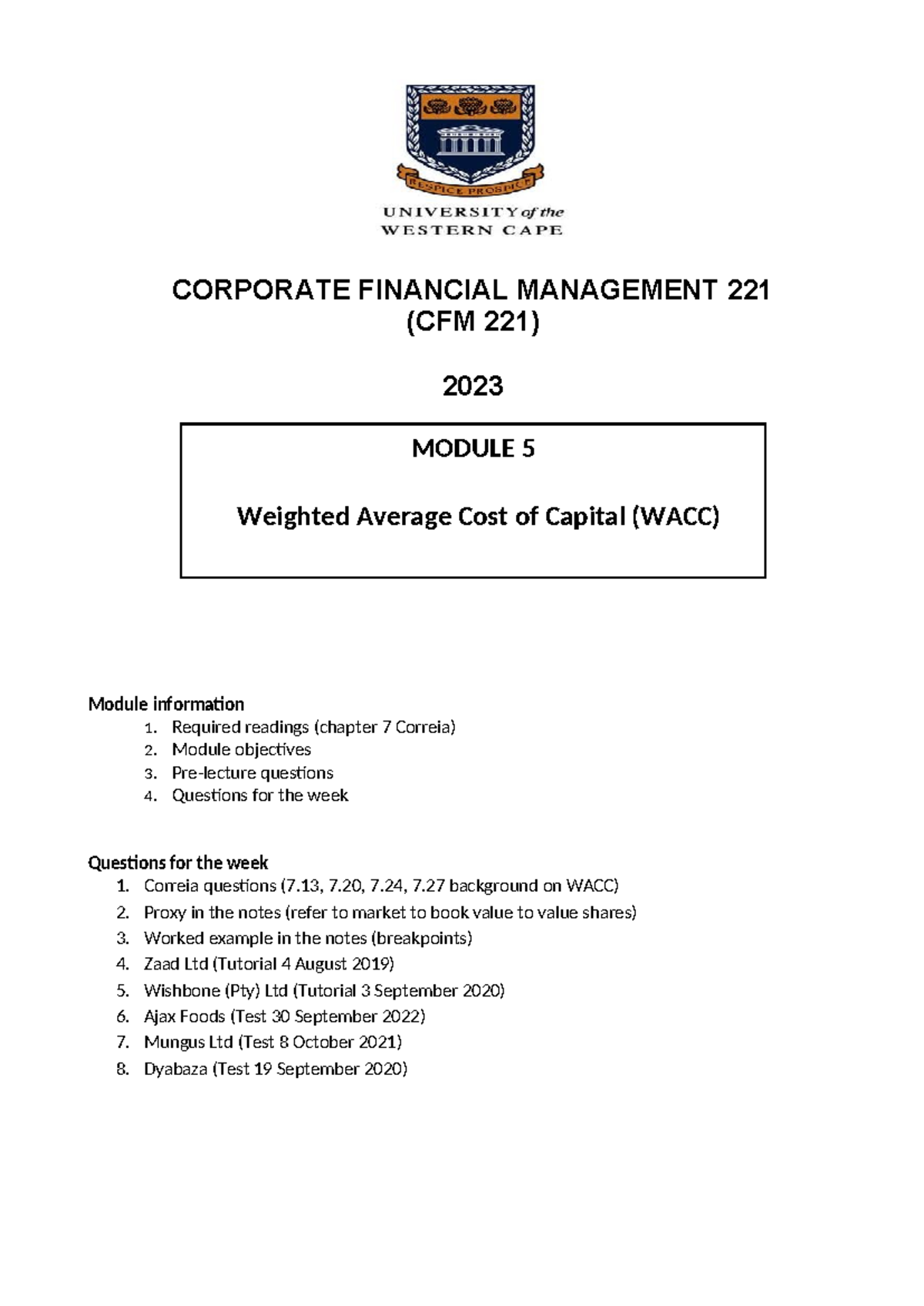 CFM 221 2023 Weighted Average Cost of Capital (WACC) Notes - Studocu
