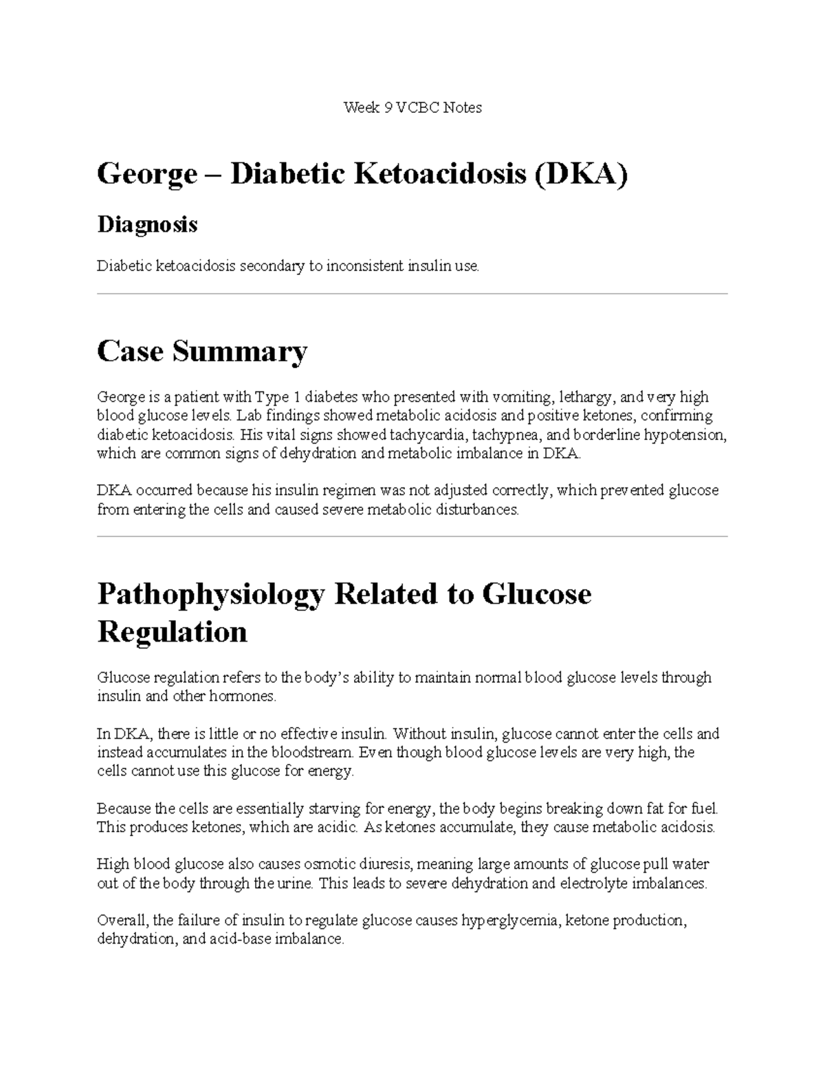 Week 9 VCBC Notes: Diabetic Ketoacidosis Case Study of George - Studocu