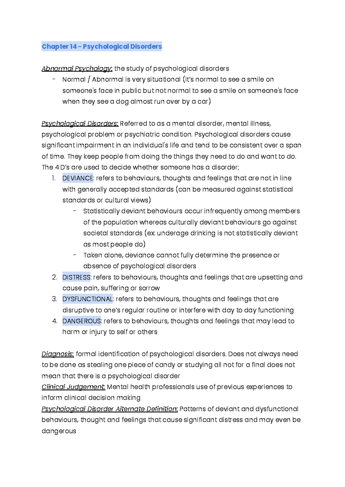 PSY 1102 Notes - Final - Chapter 14 - Psychological Disorders Abnormal ...