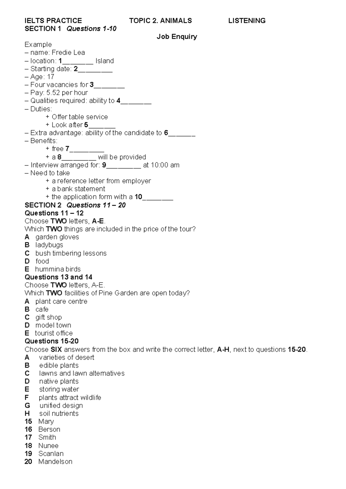 IELTS Listening Practice: Section 1 & 2 - Animals & Job Enquiry - Studocu