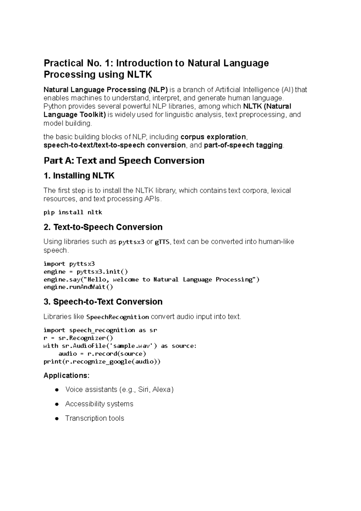 Practical No. 1: Introduction to NLP and NLTK Libraries - Studocu
