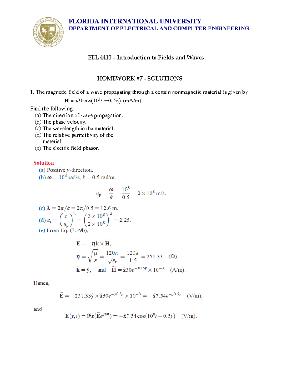 EEL 4410 - Homework 7 Solutions: Fields and Waves Analysis - Studocu