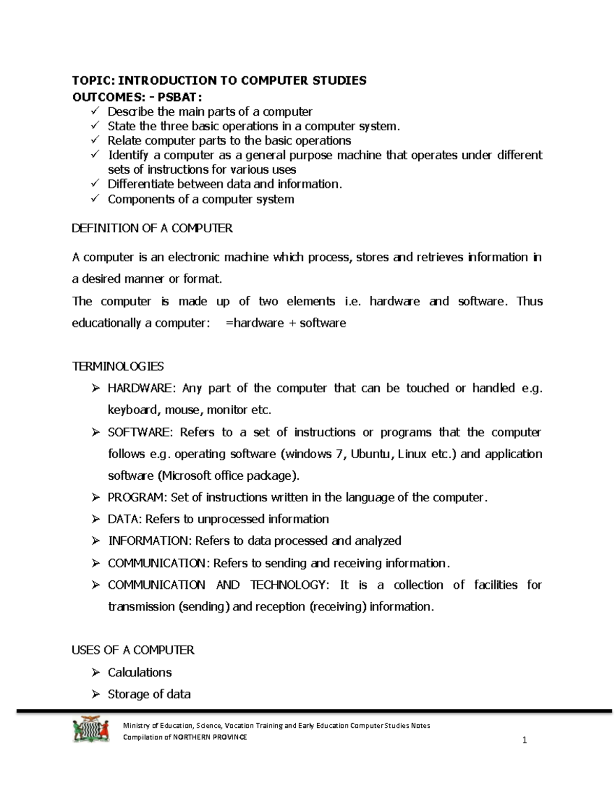 Grade 8 Computer Studies Notes - Introduction to Computer Studies - Studocu