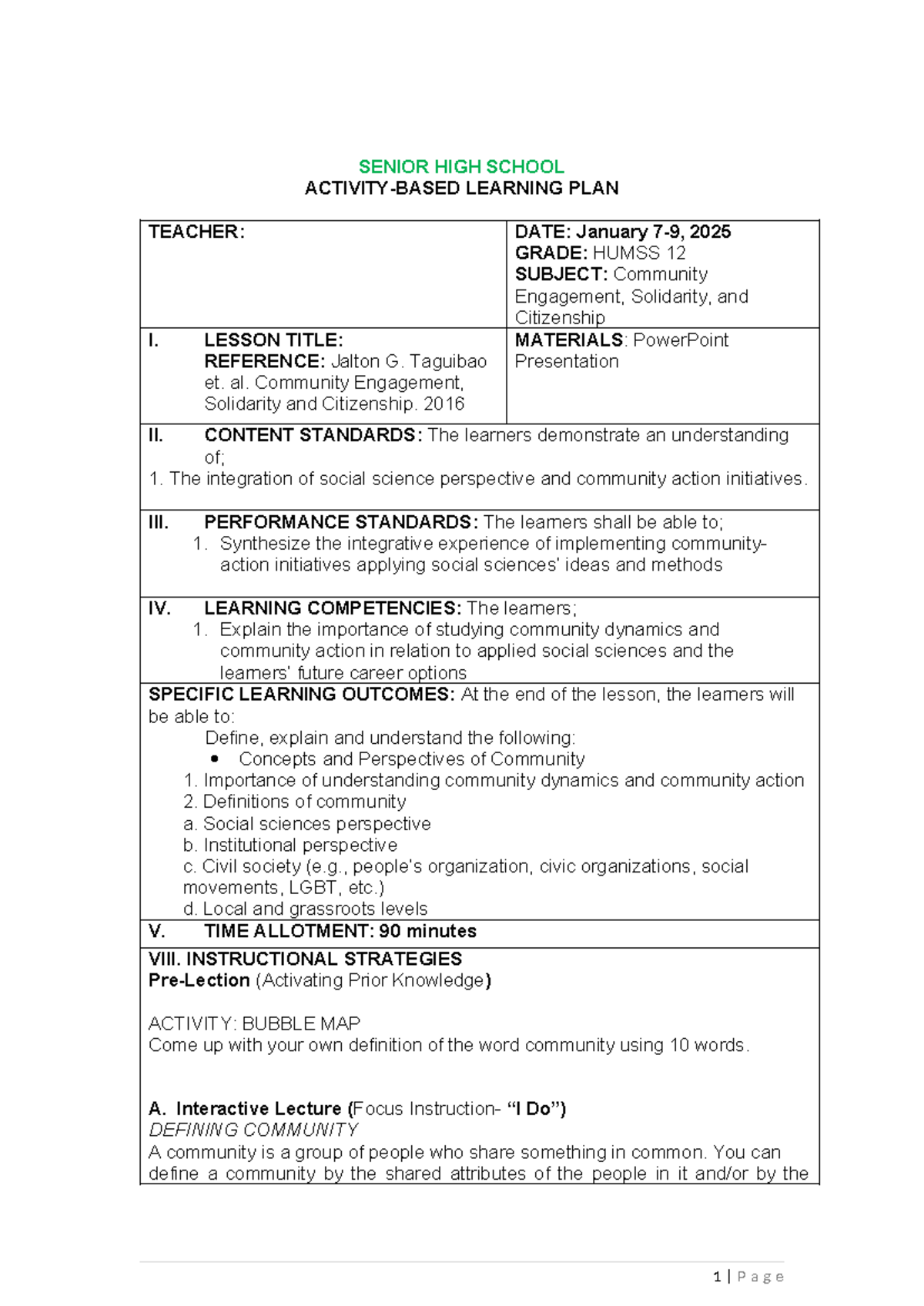 CESC 12 - Lesson Plan on Community Engagement, Solidarity & Citizenship ...