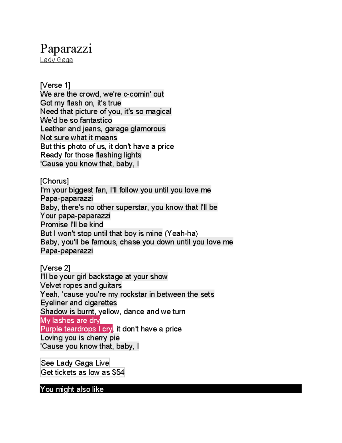 LADY GAGA - Paparazzi Lyrics - Sing Along & Enjoy!