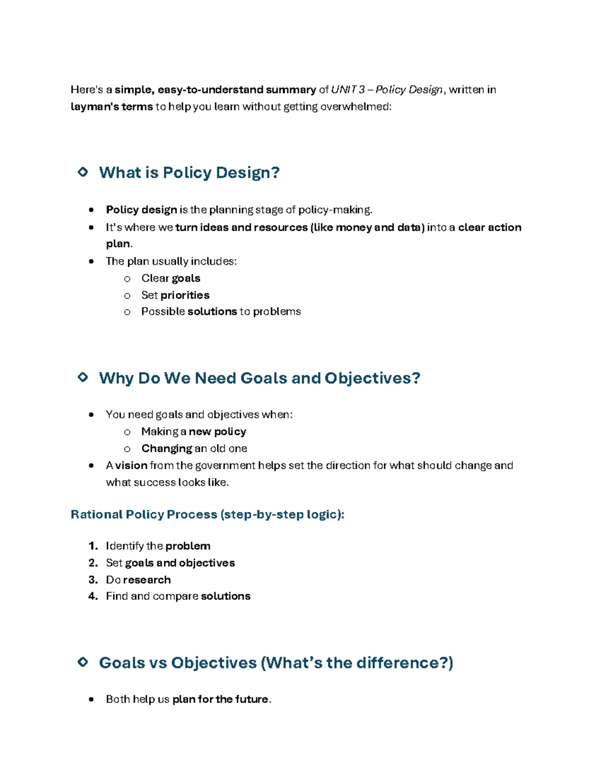 SPA231 Unit 3: Summary of Policy Design Concepts and Goals - Studocu