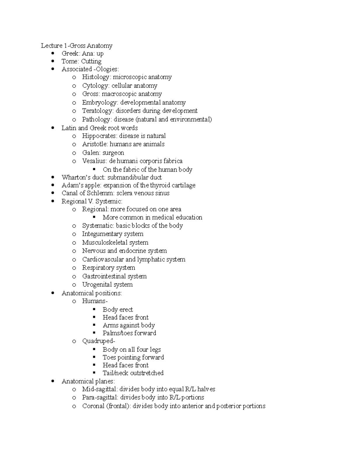 Anatomy Lecture 1 Notes: Introduction to Gross Anatomy Concepts - Studocu