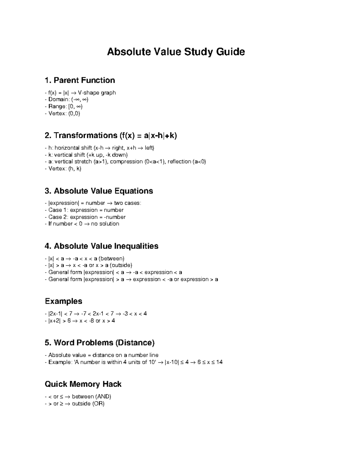 Absolute Value Functions Study Guide (MATH 101) - Studocu