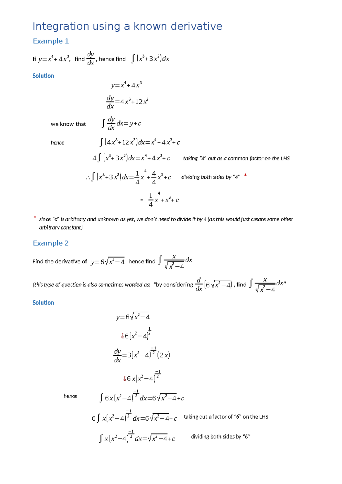 Integration from a Known Derivative: Examples & Solutions - Studocu