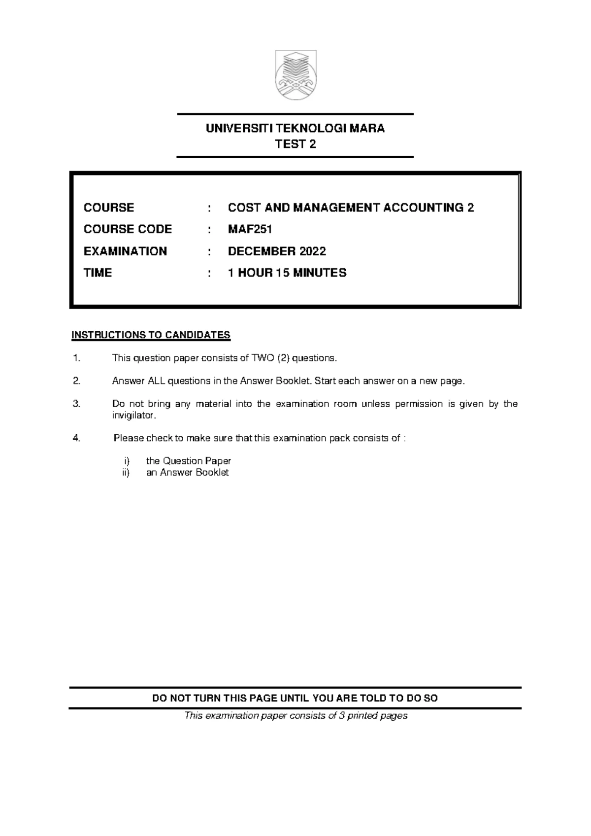 Final Exam: Cost and Management Accounting 2 (MAF251) – Jan 2024 - Studocu
