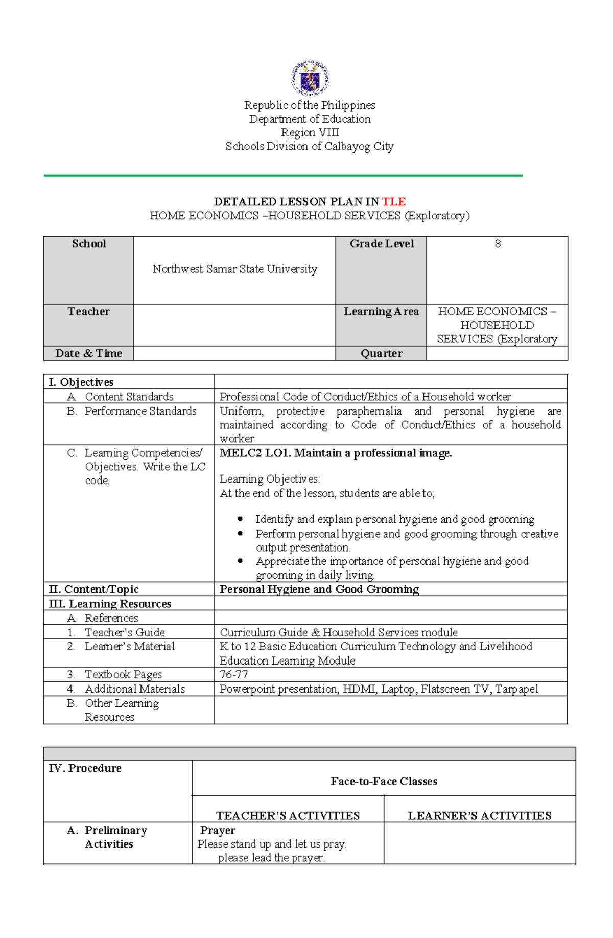 Detailed Lesson Plan in TLE Home Economics (Grade 8) - Personal Hygiene ...