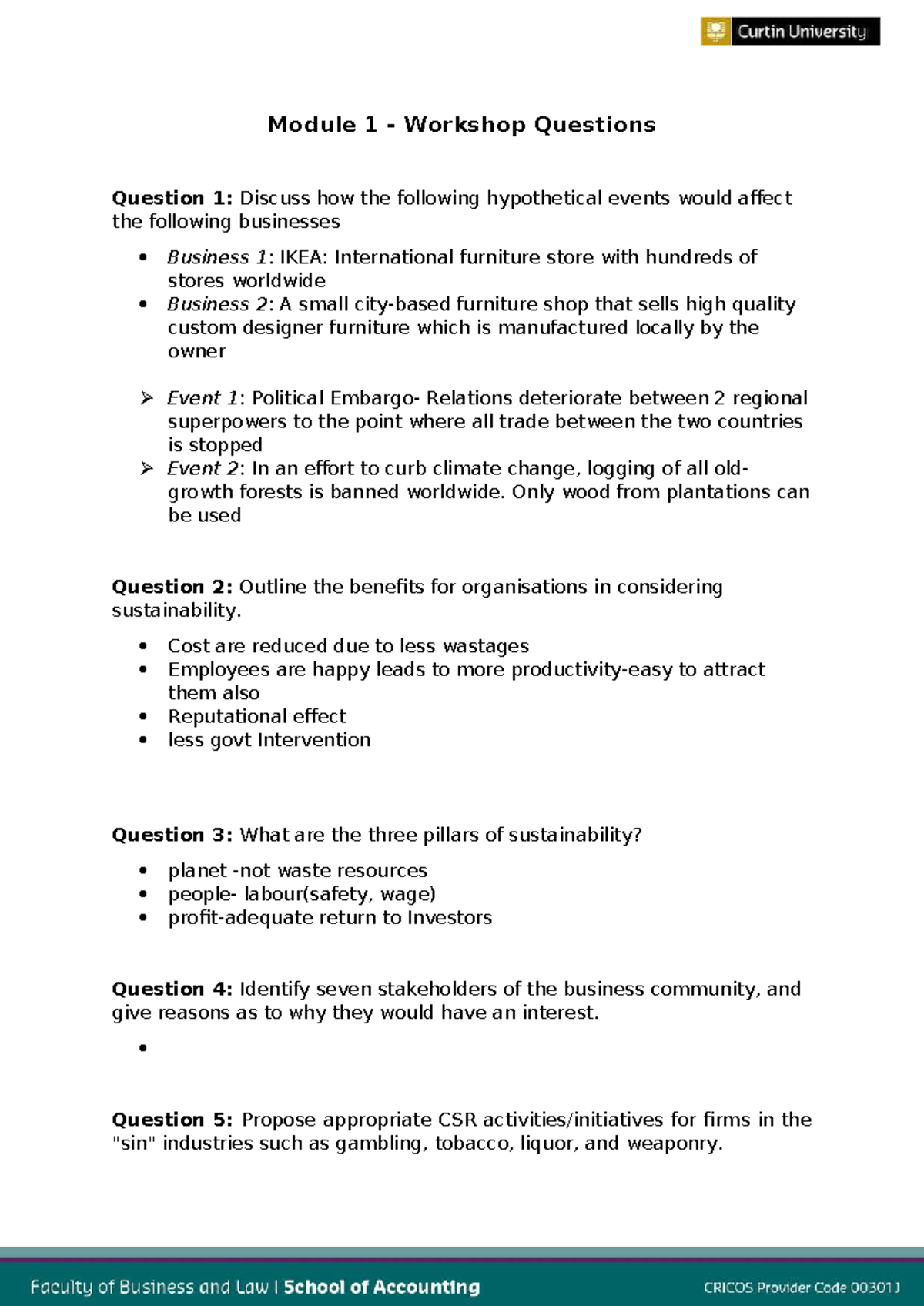 ACCT1002 Module 1 Workshop Questions on Business Impact ...