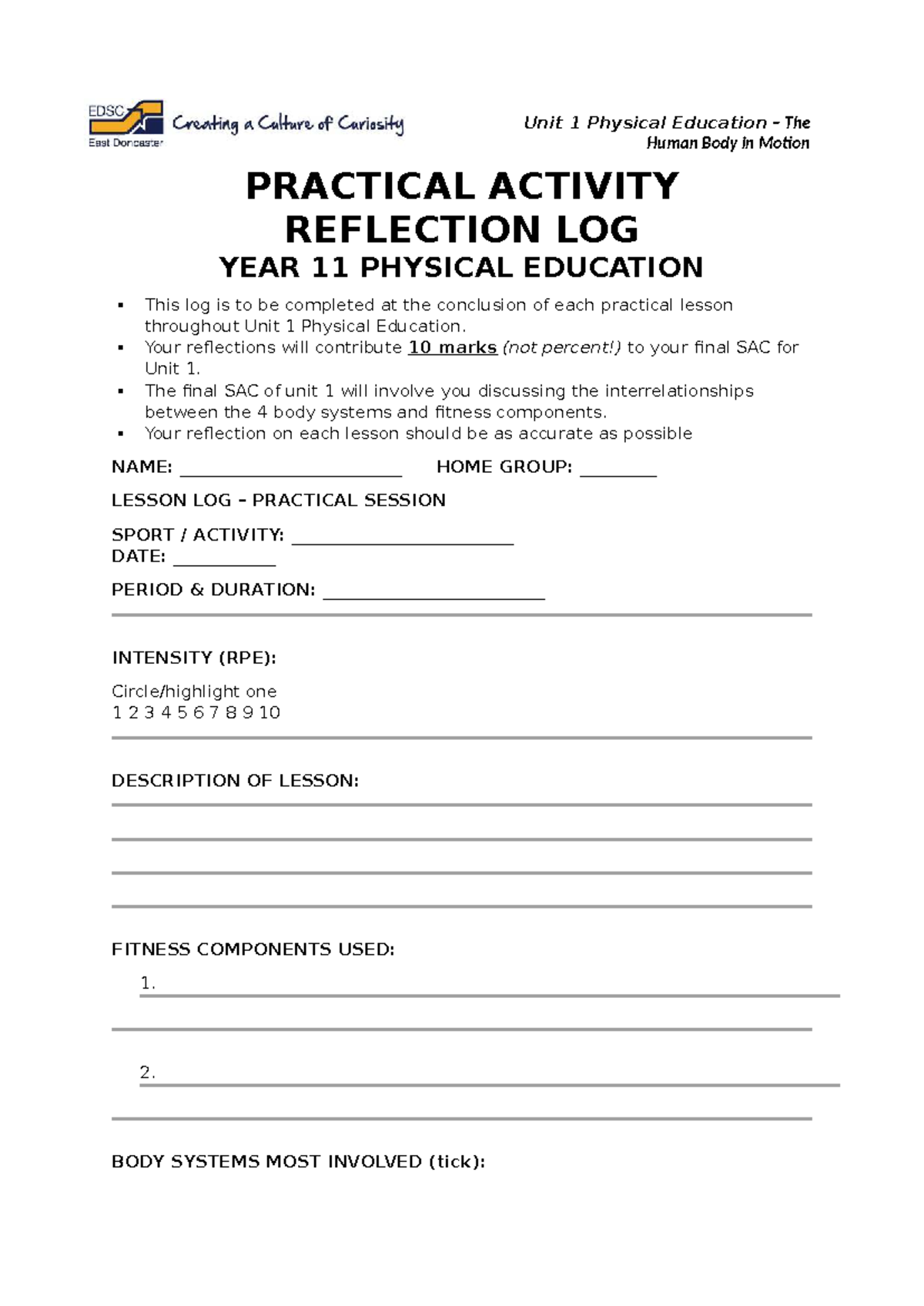 Unit 1 PE Reflection Log: Human Body in Motion - Year 11 - Studocu