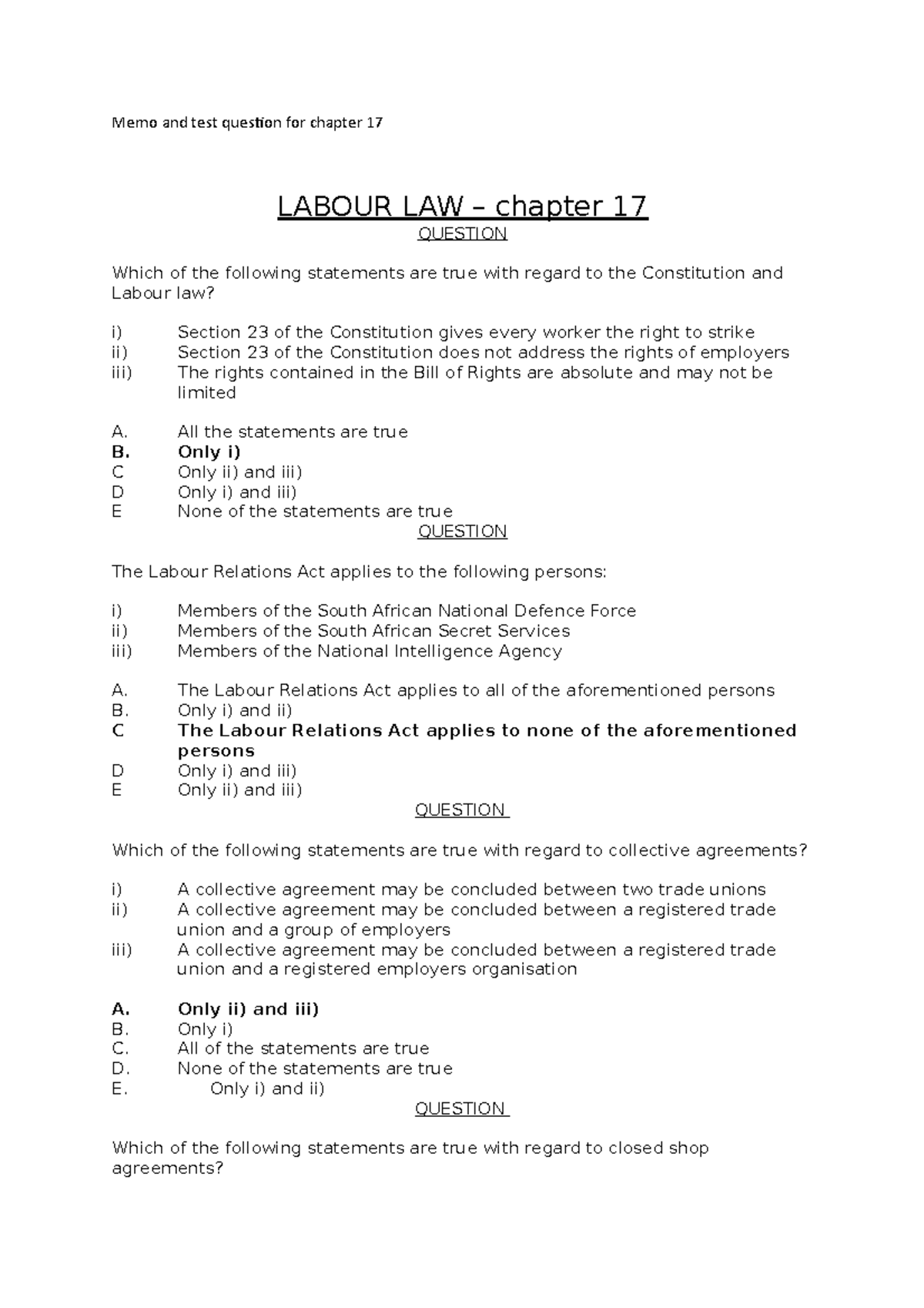 Labour Law Review & Test Questions for Chapter 17 - Study Guide - Studocu