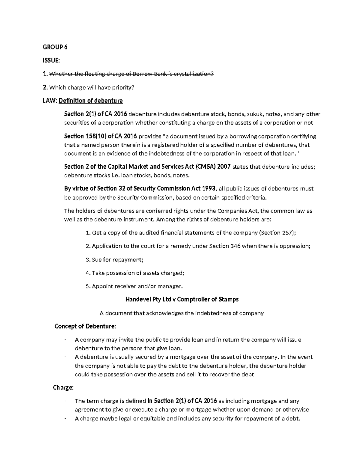 3A Law: Crystallization of Floating Charge & Debenture Priorities - Studocu