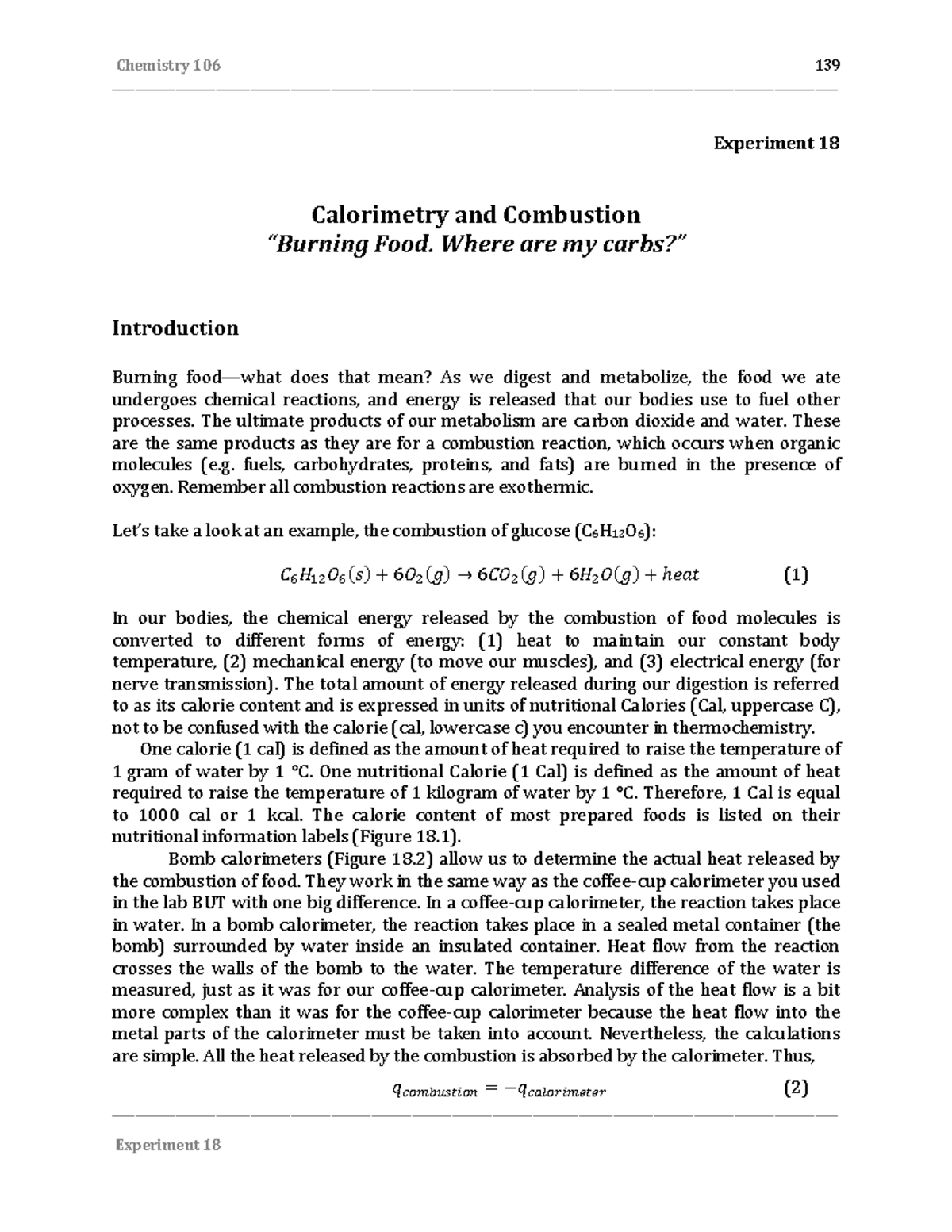 Chemistry 106 Experiment 18: Calorimetry & Combustion of Food - Studocu