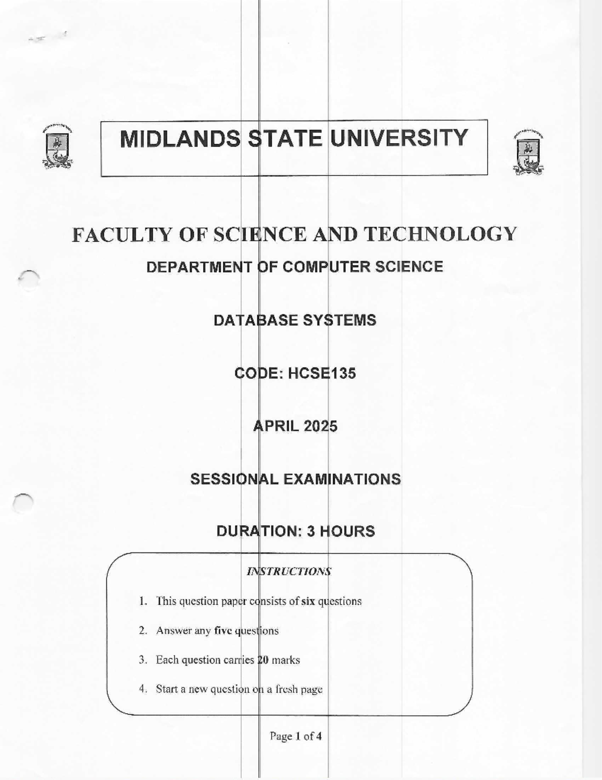 HCSE135 APR 2025 - Database Systems Sessional Exam Paper - Studocu