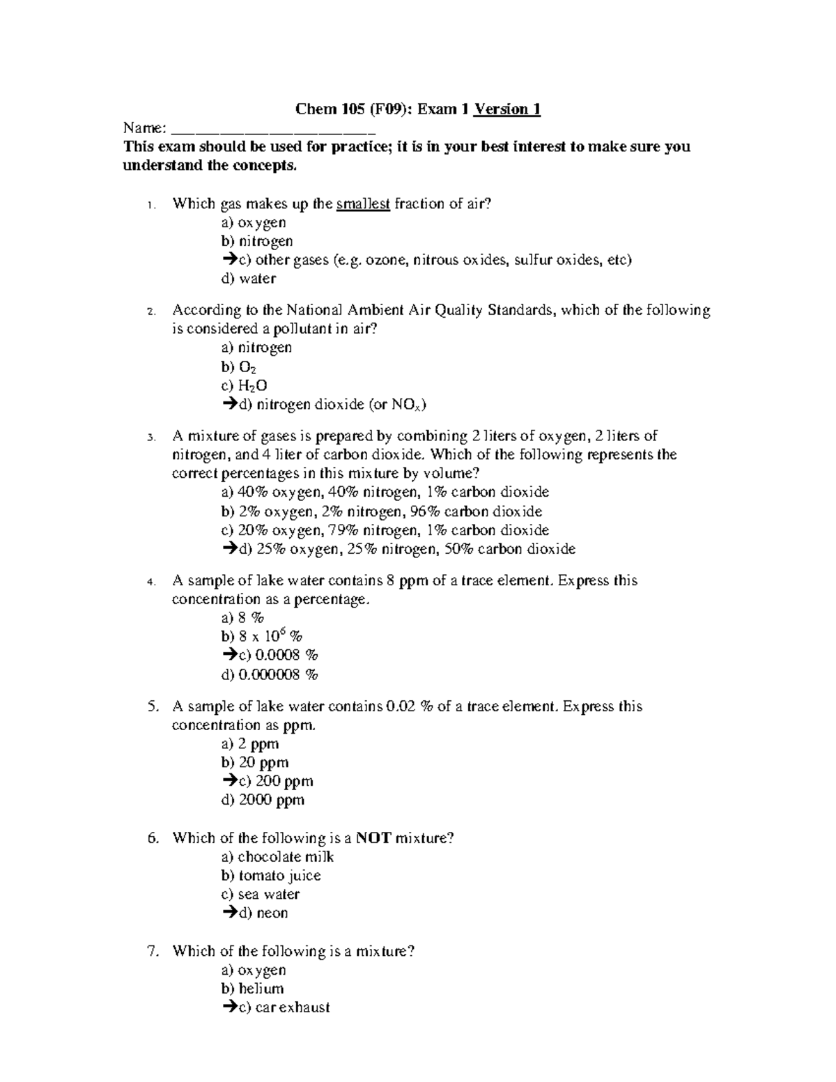 Chem 105 Exam 1 Practice Questions Part 2 (F09) - Studocu