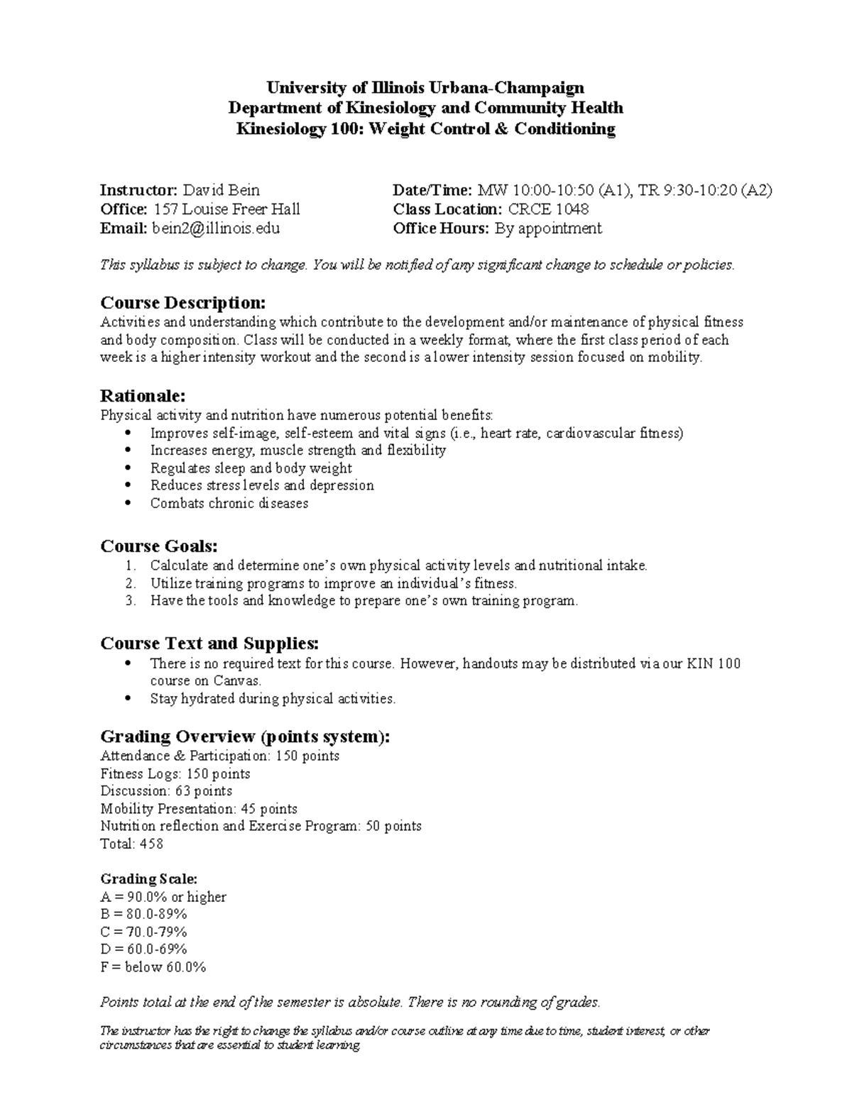 1.7-KIN 100 Syllabus: Weight Control Conditioning SP23 - Studocu