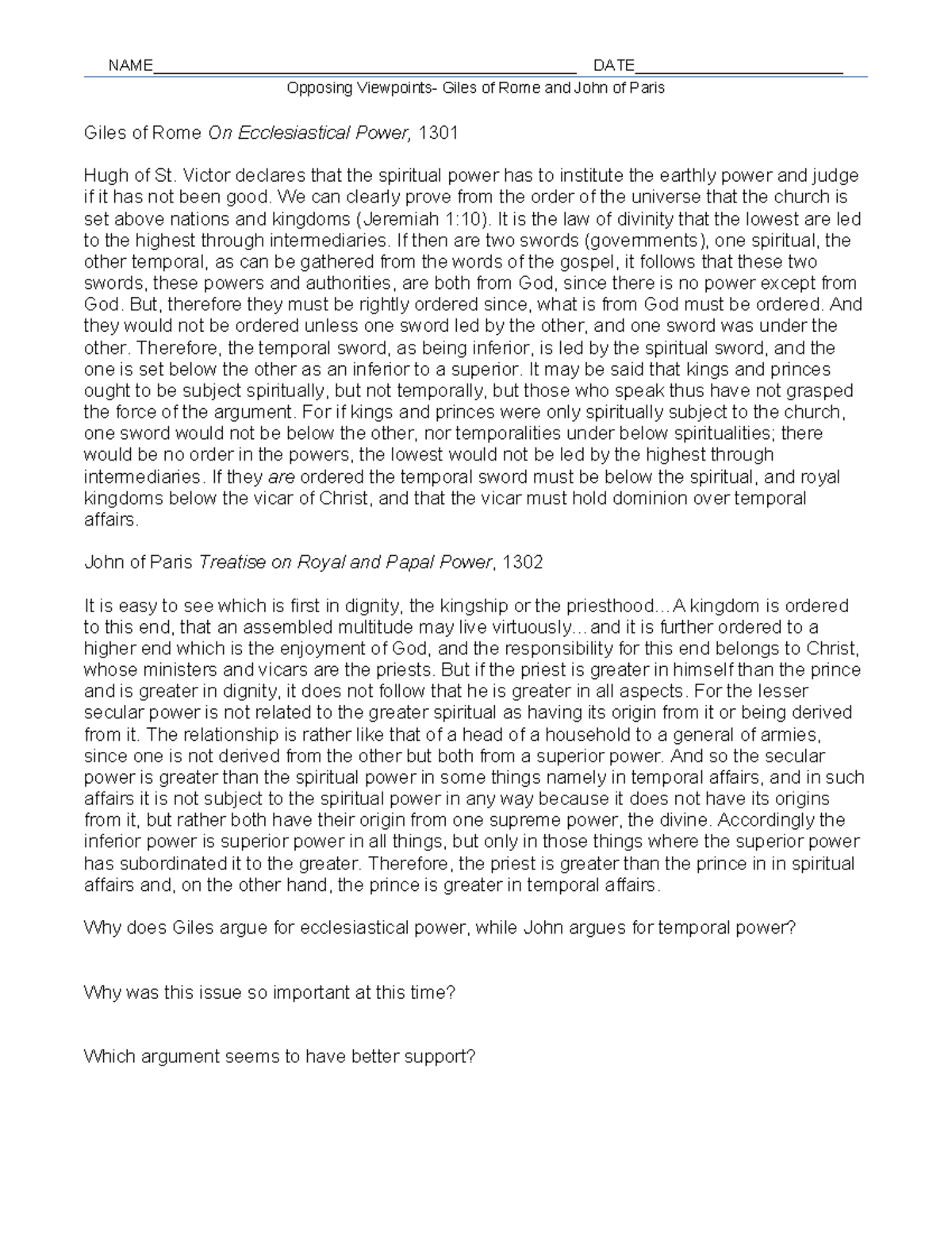 Ch9 opposing viewpoints on ecclesiastical and temporal power - Studocu