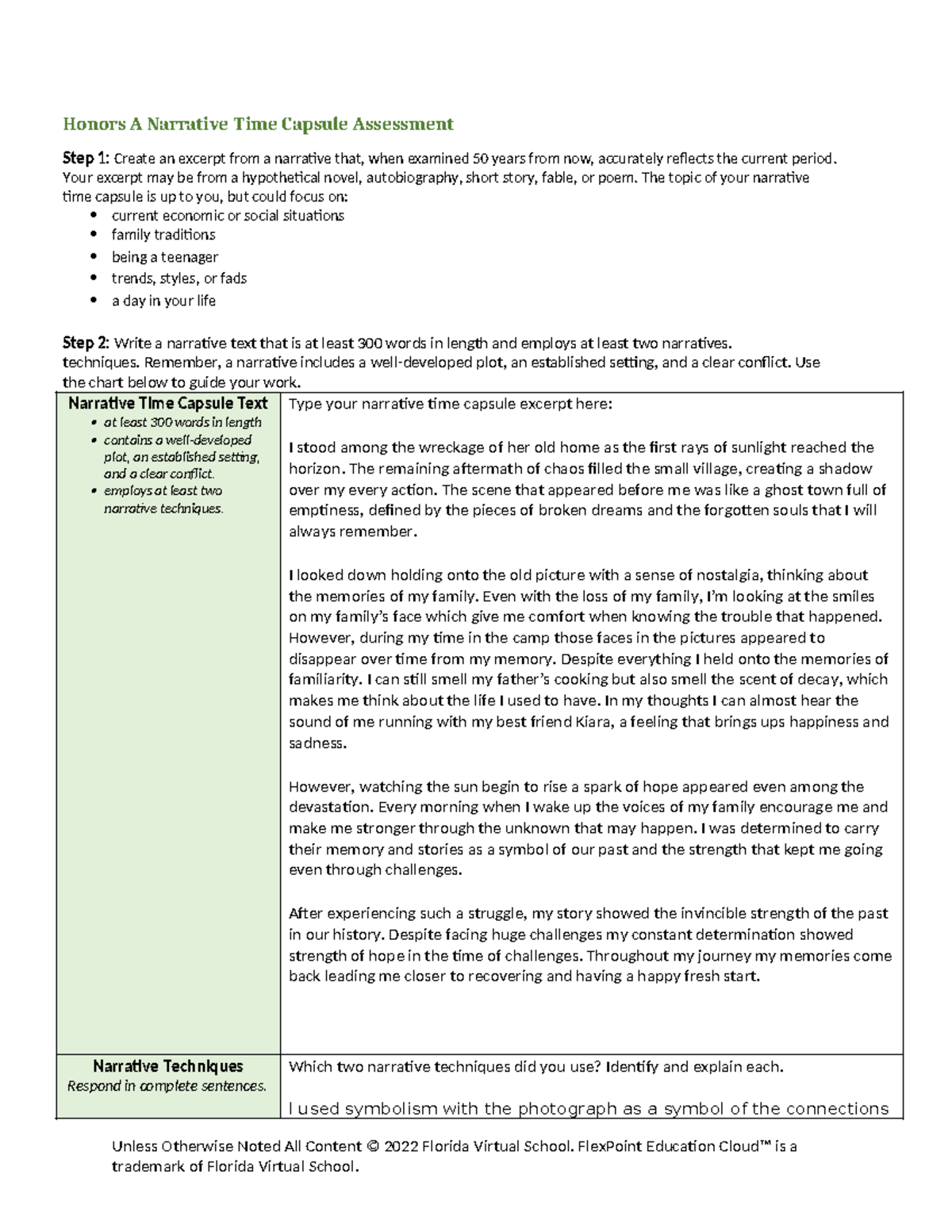 Honors Narrative Time Capsule Assessment - Reflection of Current Times ...