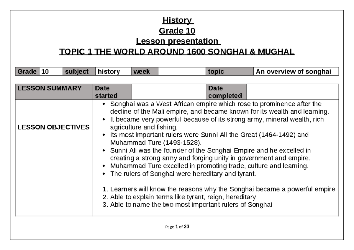 Grade 10 History Lesson Plans: The Songhai Empire Overview & Invasion ...
