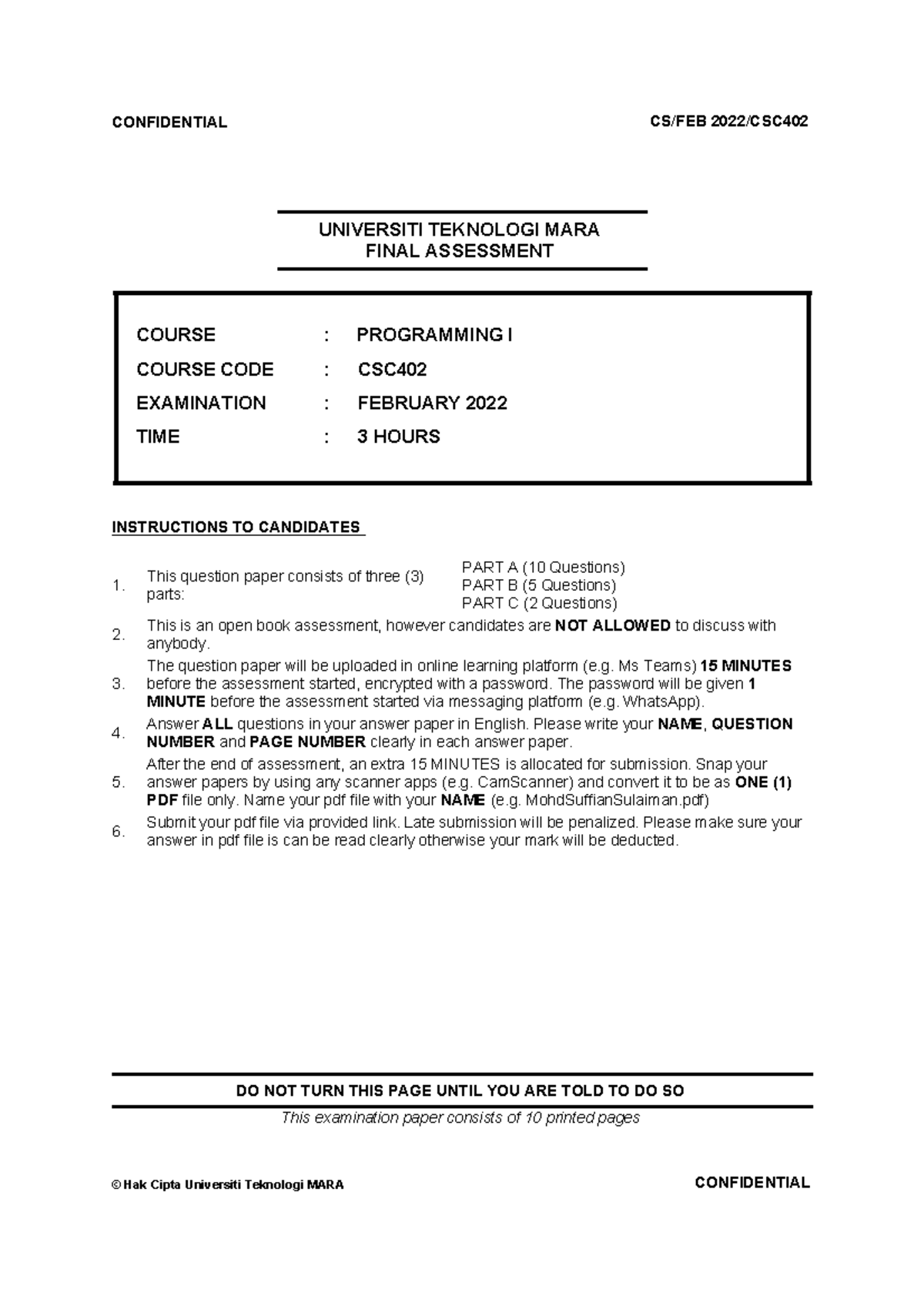Final Exam Assessment Notes for CSC 402: Programming I (Feb 2022) - Studocu