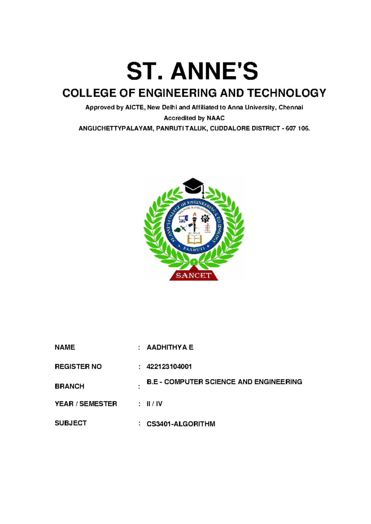 B.E. Computer Science & Engineering II Sem Algorithm Front Page Notes ...