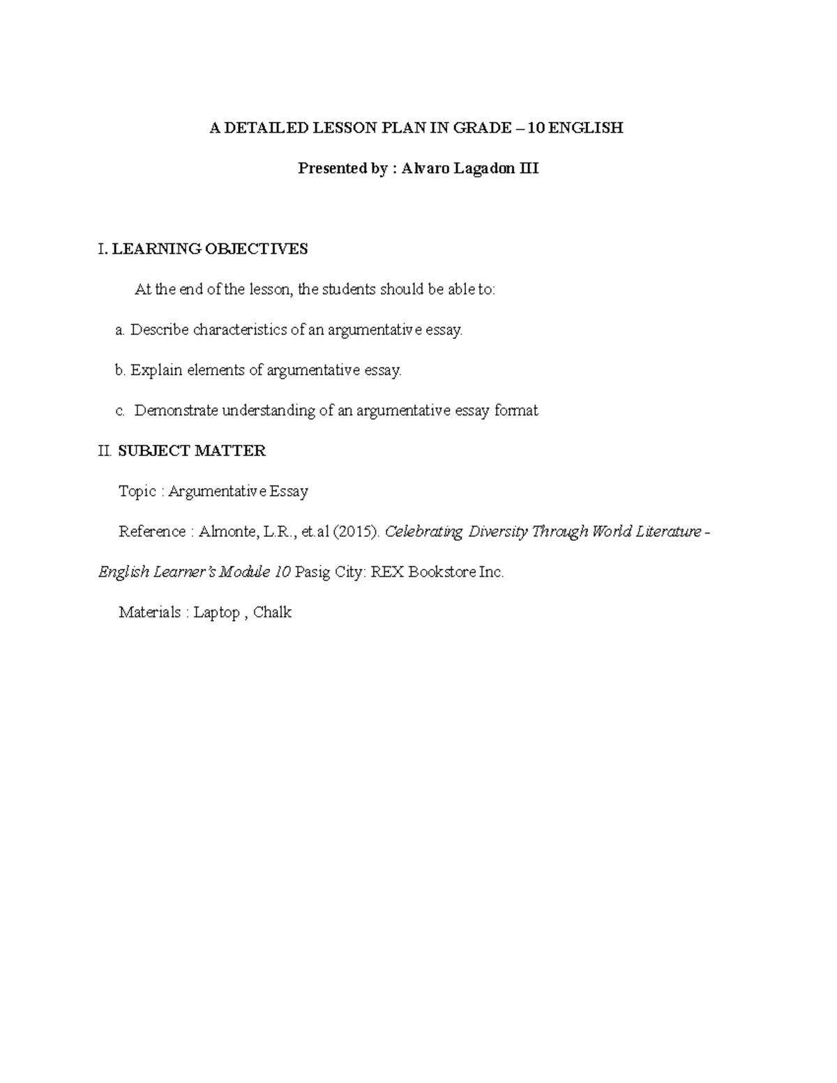 DLP English 10 Quarter 3 Module 1 - A DETAILED LESSON PLAN IN GRADE ...