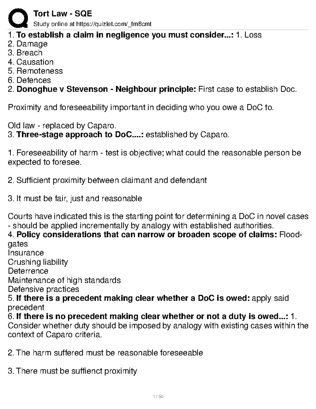 Tort Law SQE Study Notes: Key Concepts in Negligence and Liability ...