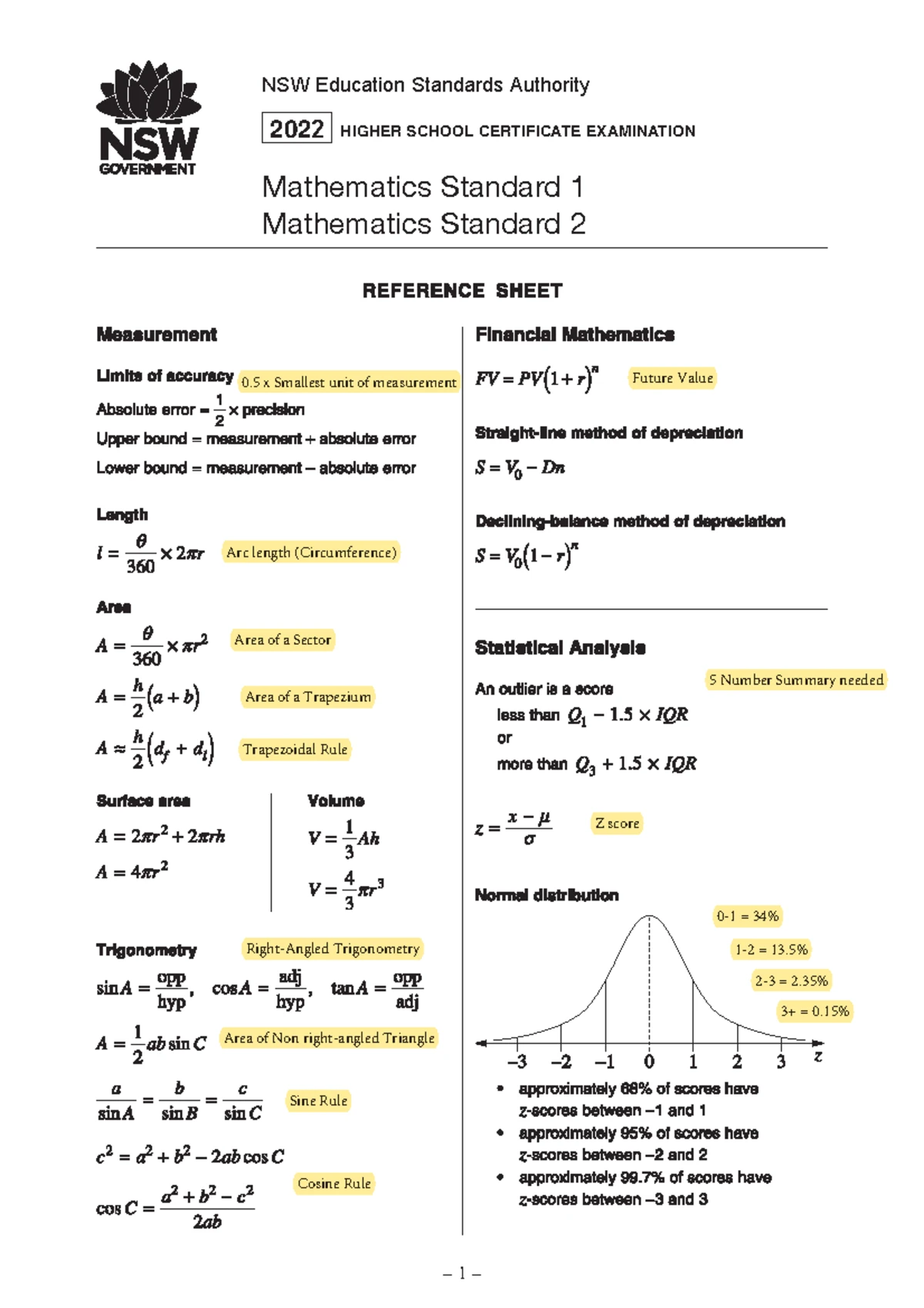 Mathematics Standard 2 Reference Sheet Annotated - 1 – NSW Education ...