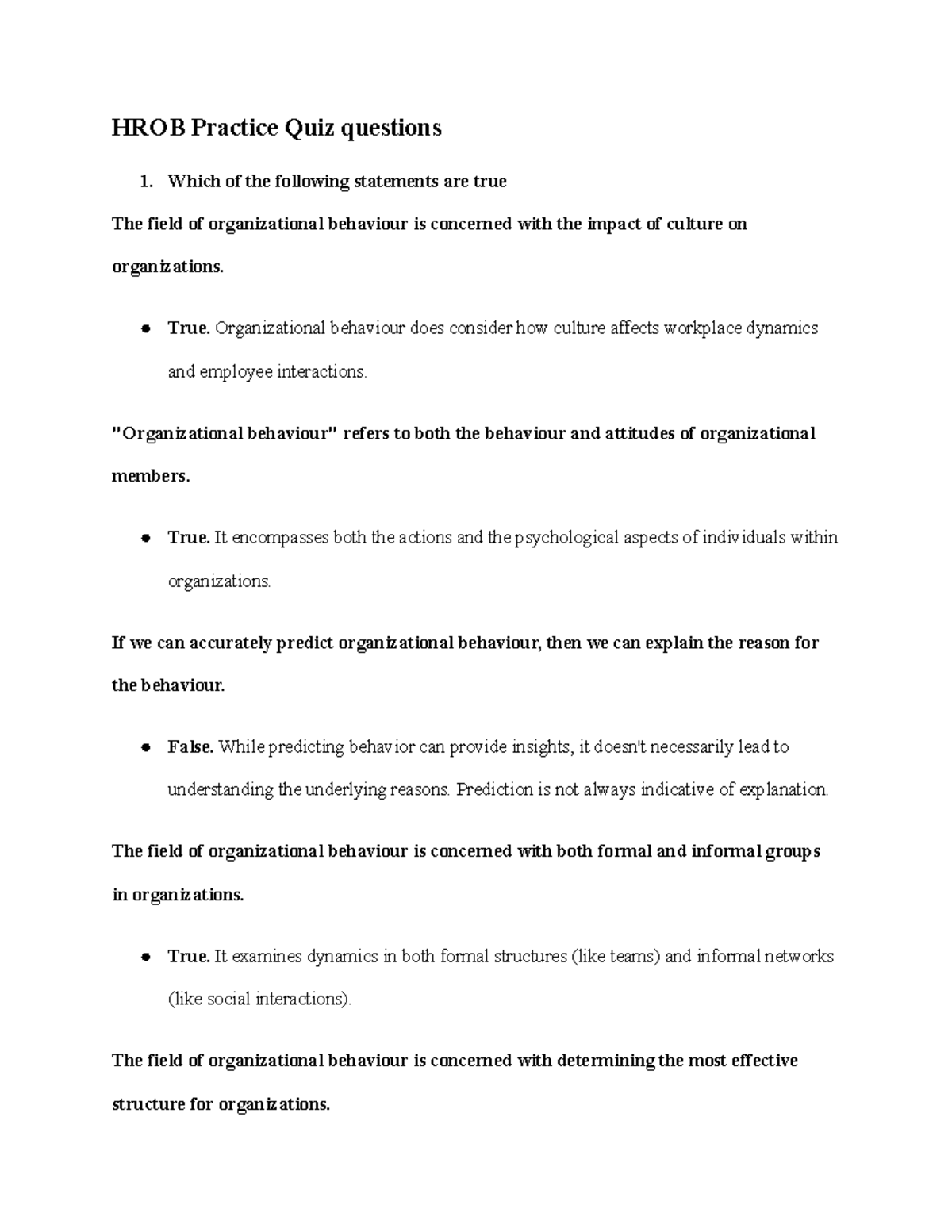 HROB 101 Practice Quiz Questions on Organizational Behaviour Concepts ...