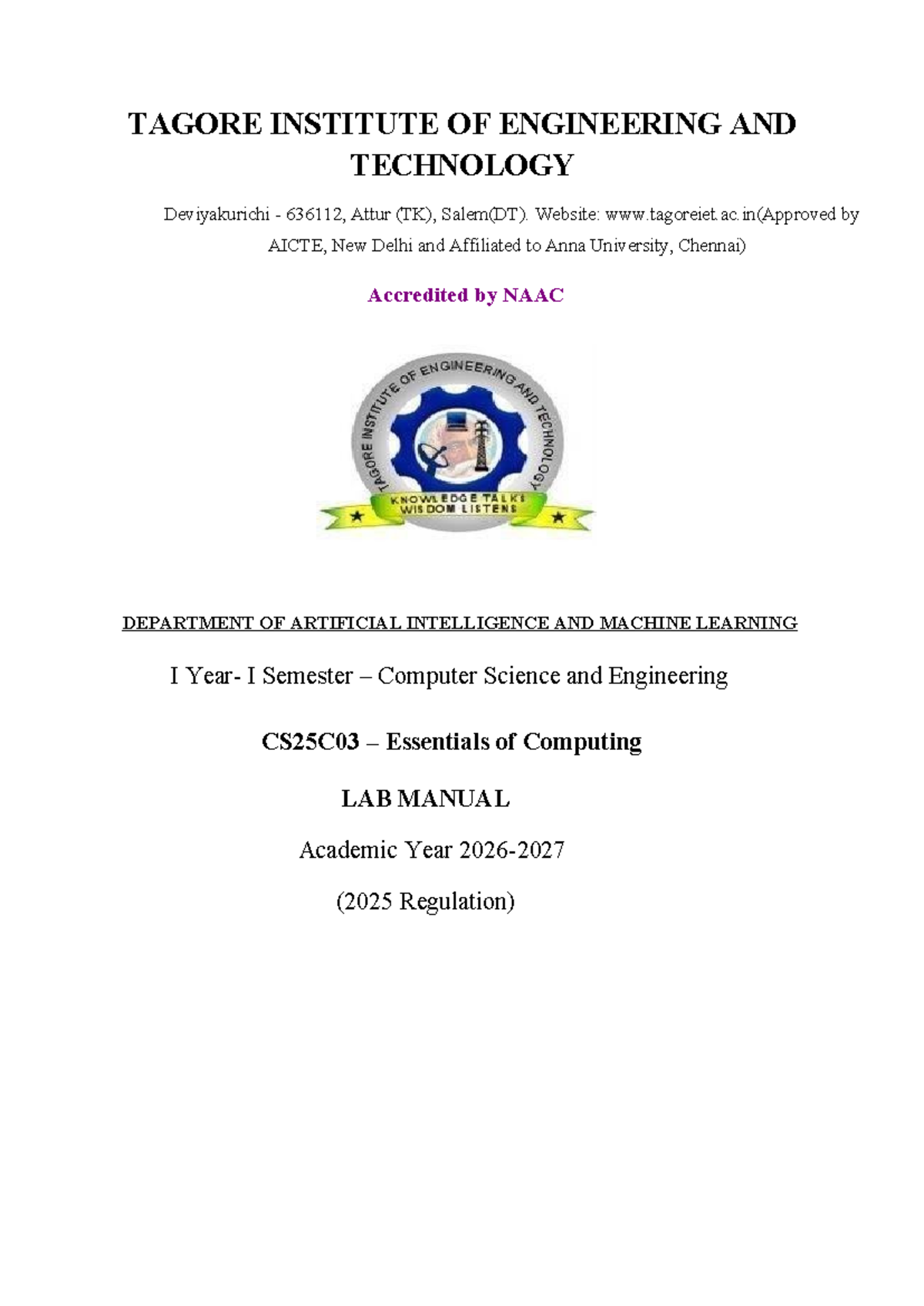 CS25C03 - Essentials of Computing Lab Manual for I Semester - Studocu