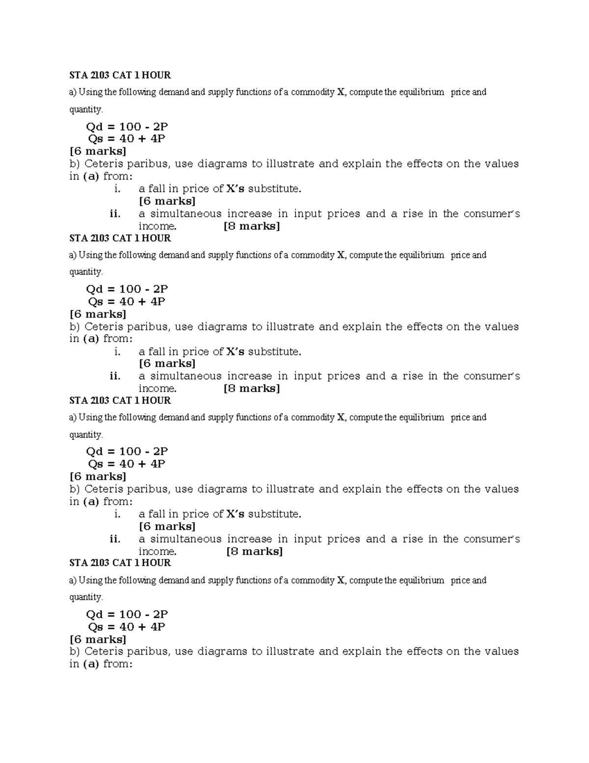 STA 2103 CAT 1 - Equilibrium Price & Quantity Analysis - Studocu