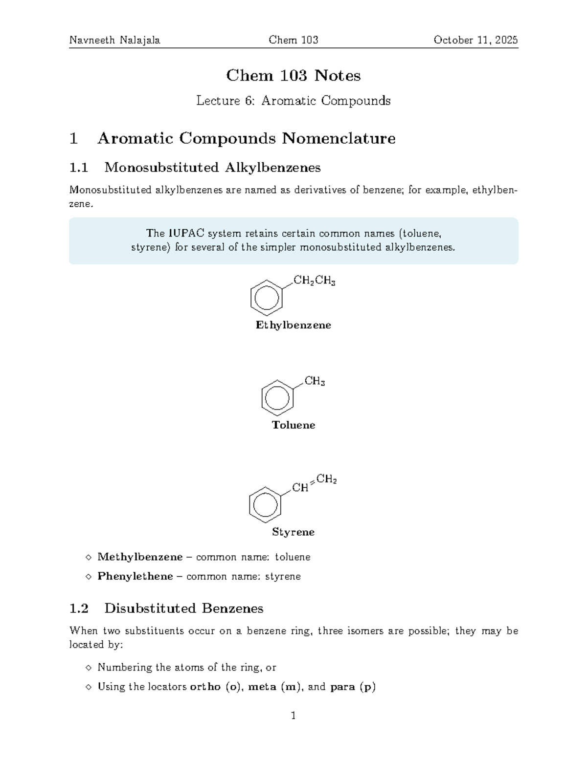 Chem 103 Lecture 6 Notes: Aromatic Compounds Nomenclature - Studocu