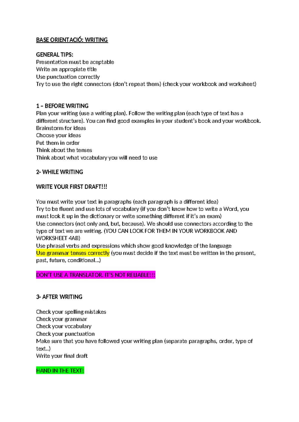 BASE Orientacio Writing - BASE ORIENTACIÓ: WRITING GENERAL TIPS ...