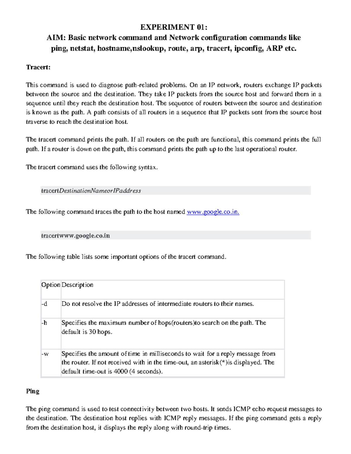 CN LAB Exp 1 to 10 - good - EXPERIMENT 0 1: AIM: Basic network command ...