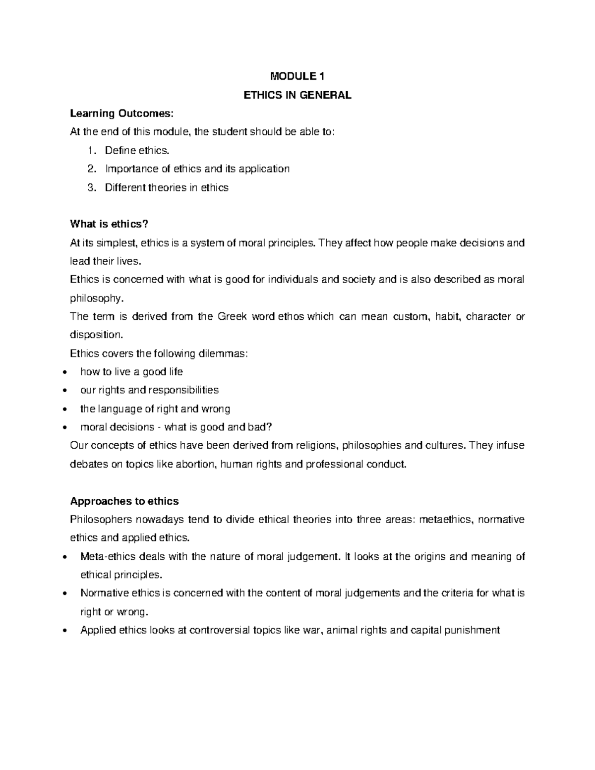 Ethics in General - Key Concepts & Theories - MODULE 1 - Studocu