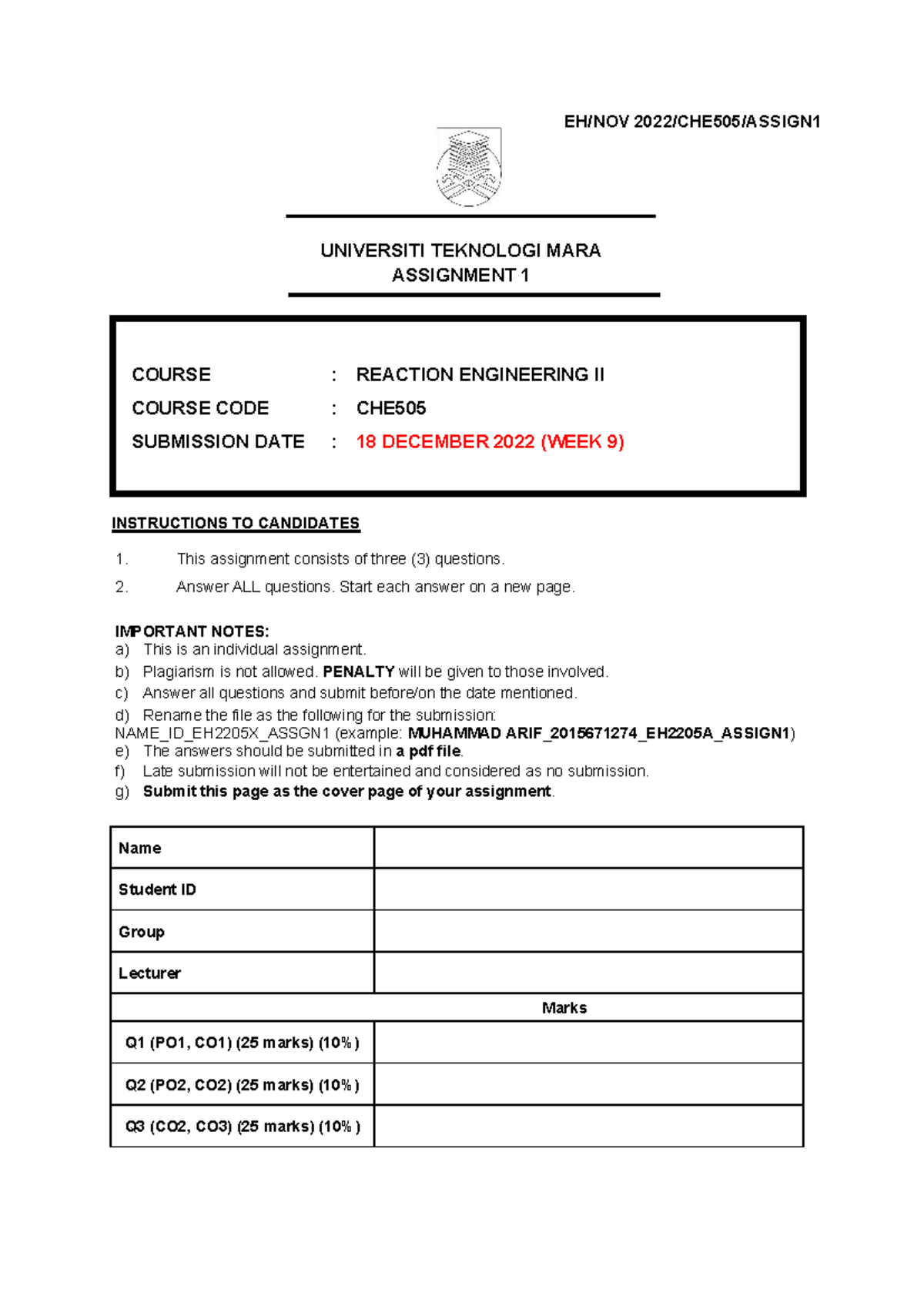 CHE505 Assignment 1 NOV 2022 - EH/NOV 2022/CHE505/ASSIGN UNIVERSITI ...