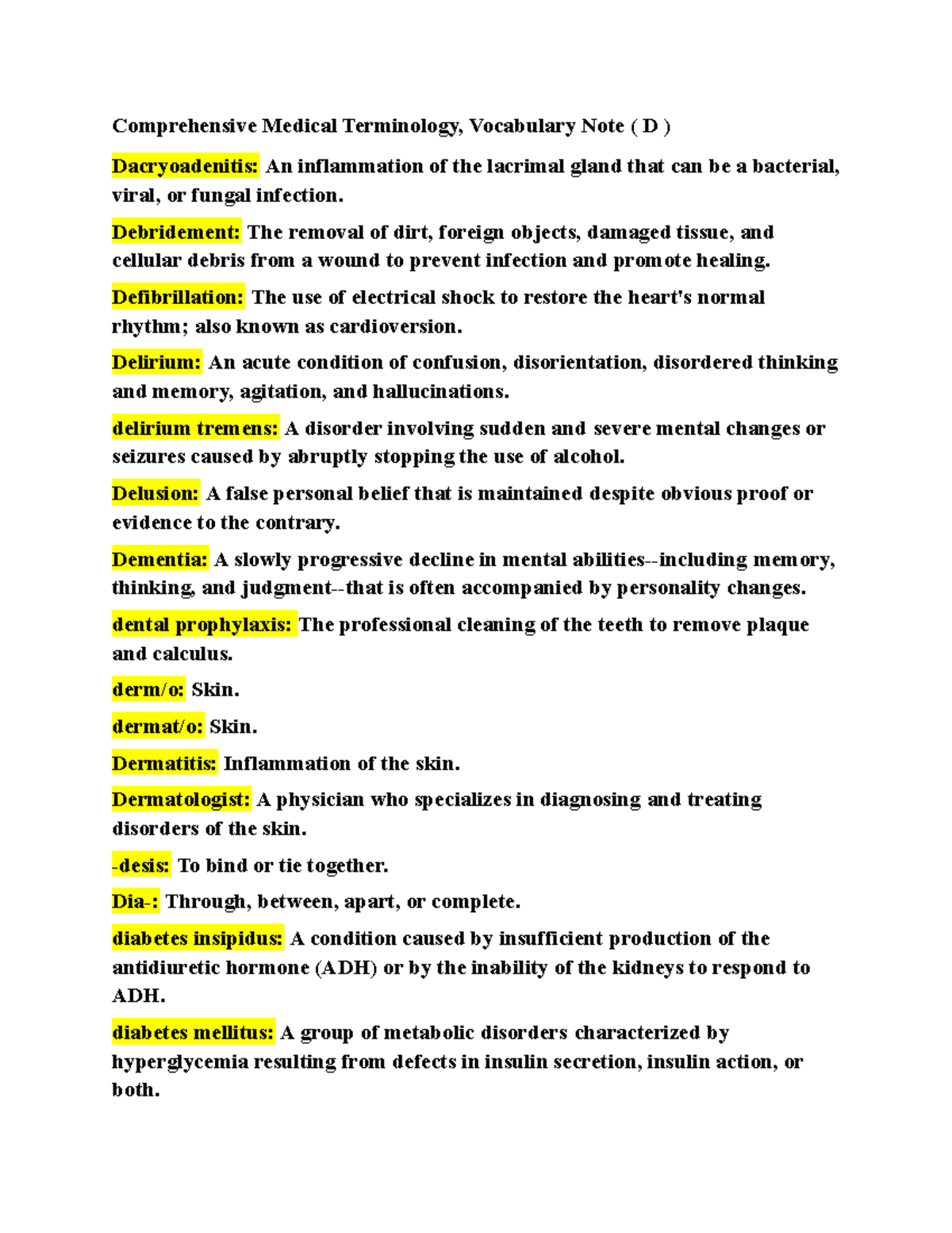 Medical Terminology Vocabulary Notes (D): Key Definitions Explained ...