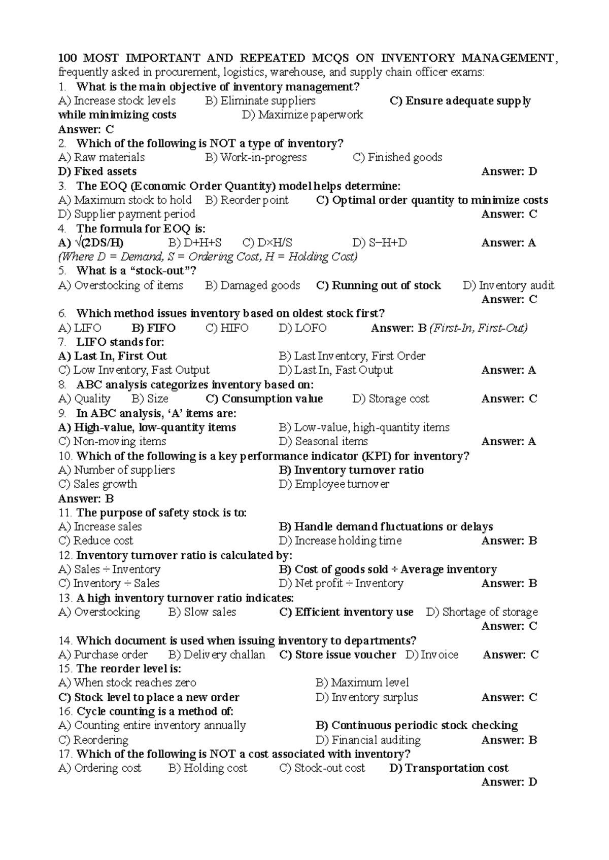 100 Most Important Repeated MCQs on Inventory Management for Exams - Document Preview