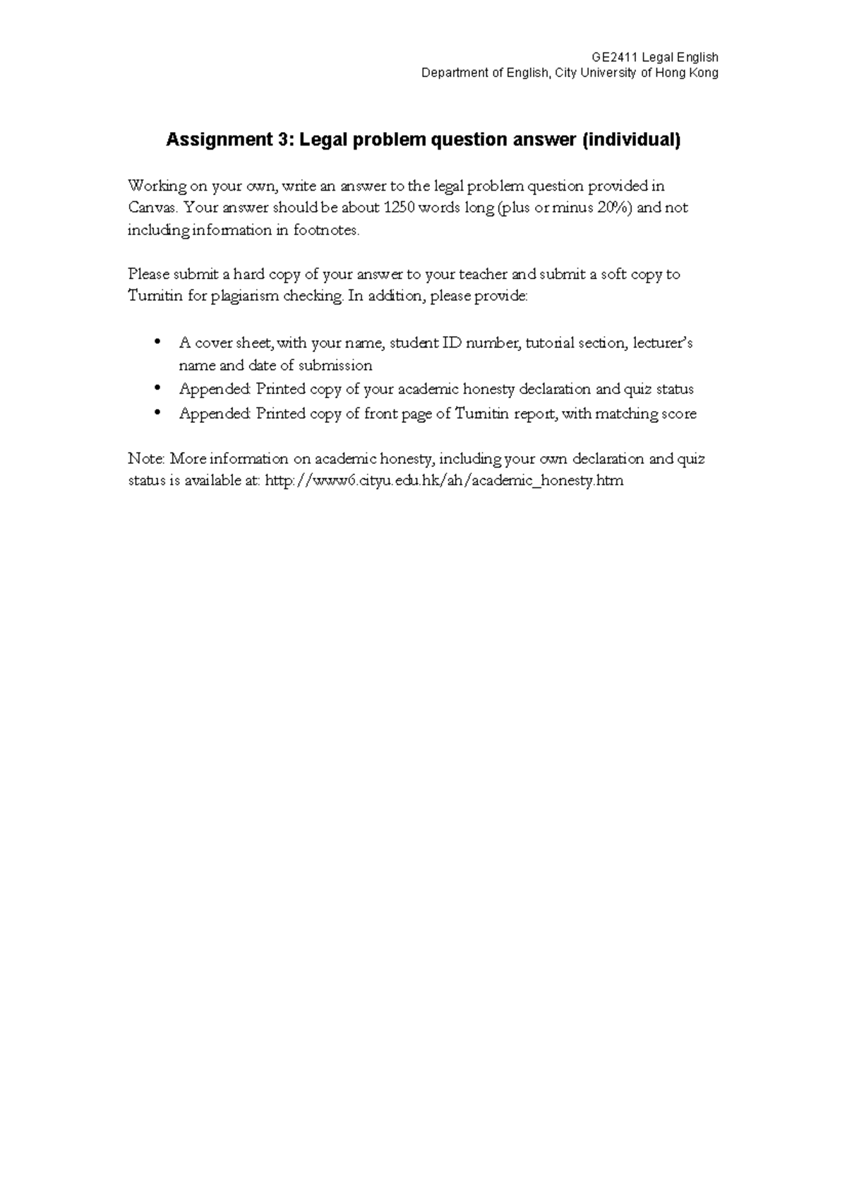 Assignment 3 Prompt - Problem Question Answers Reference - GE2411 Legal ...