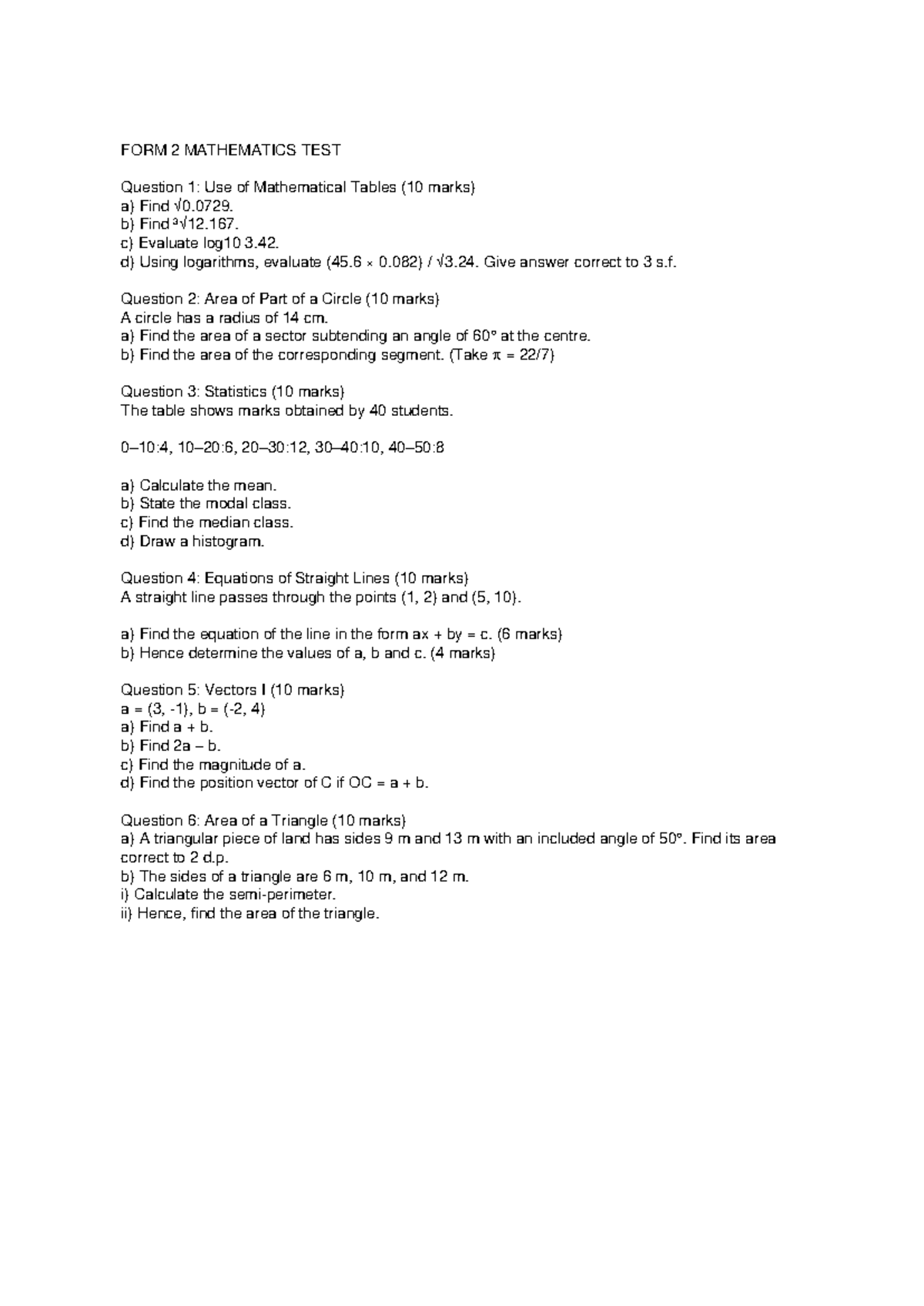 Form 2 Mathematics Test: Key Questions & Solutions - Studocu