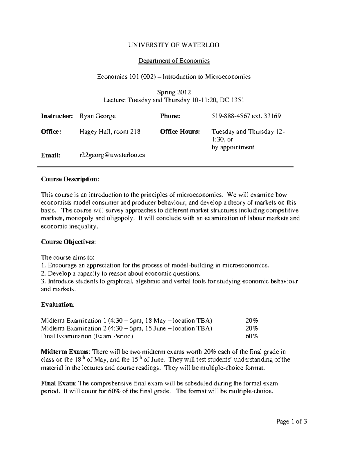 ECON 101 Course Outline: Intro to Microeconomics Spring 2012 - Studocu
