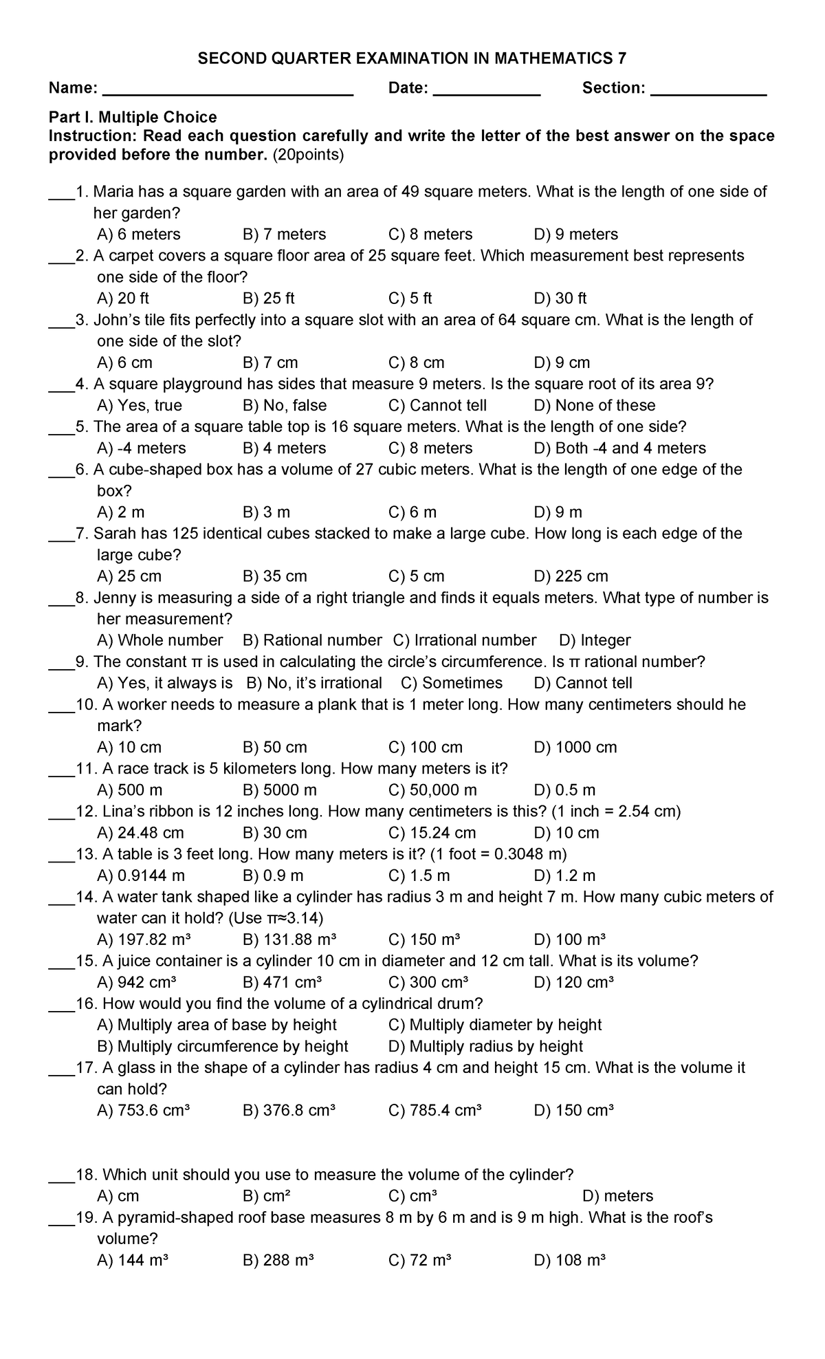 Q2 EXAM - Final in MATH 7: Multiple Choice Questions - Studocu